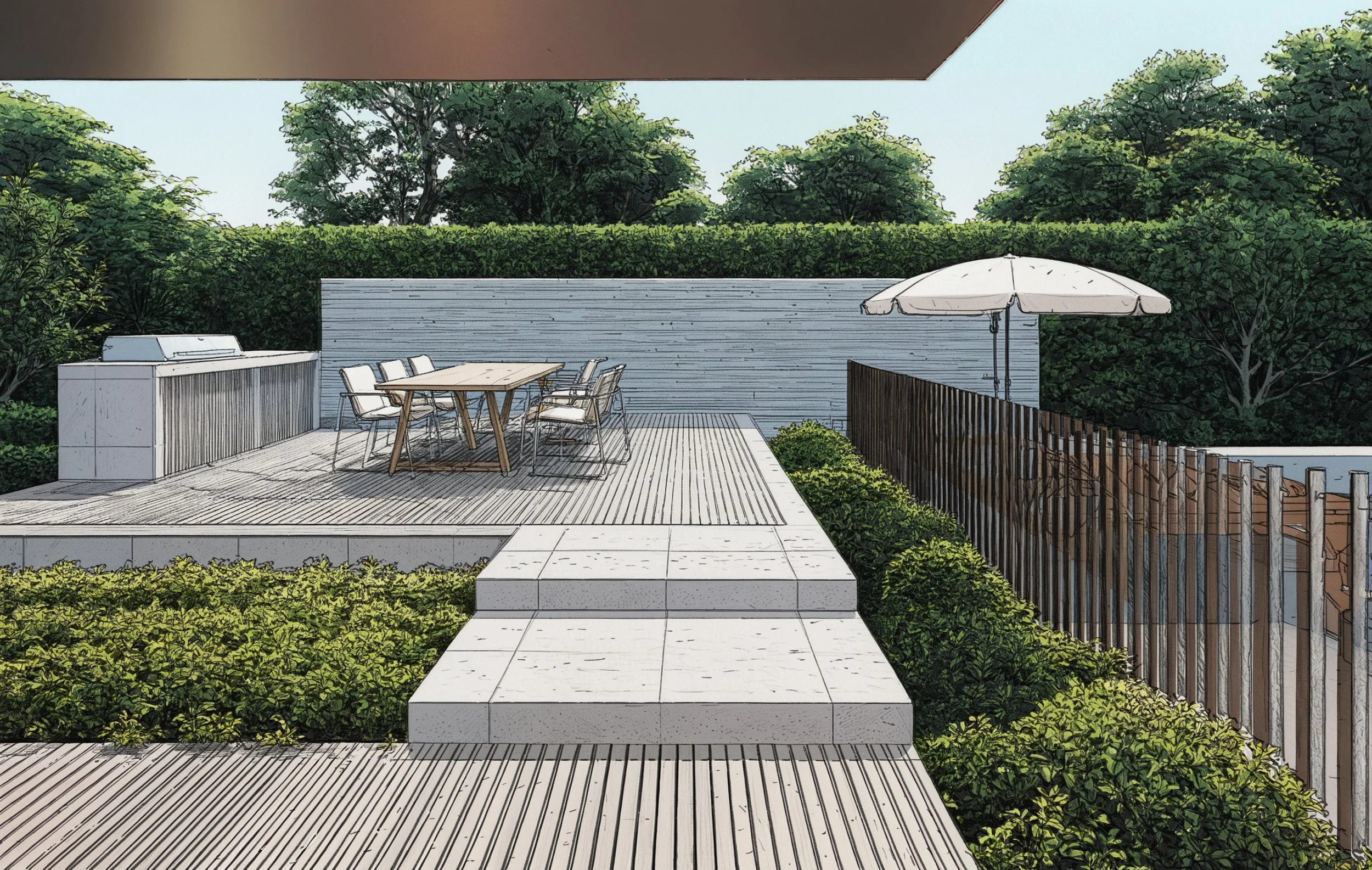 Illustration of a modern outdoor rooftop terrace with a dining area, umbrella, and grill, surrounded by lush greenery and wooden fencing, designed by Raw Process Design, Canberra residential architecture