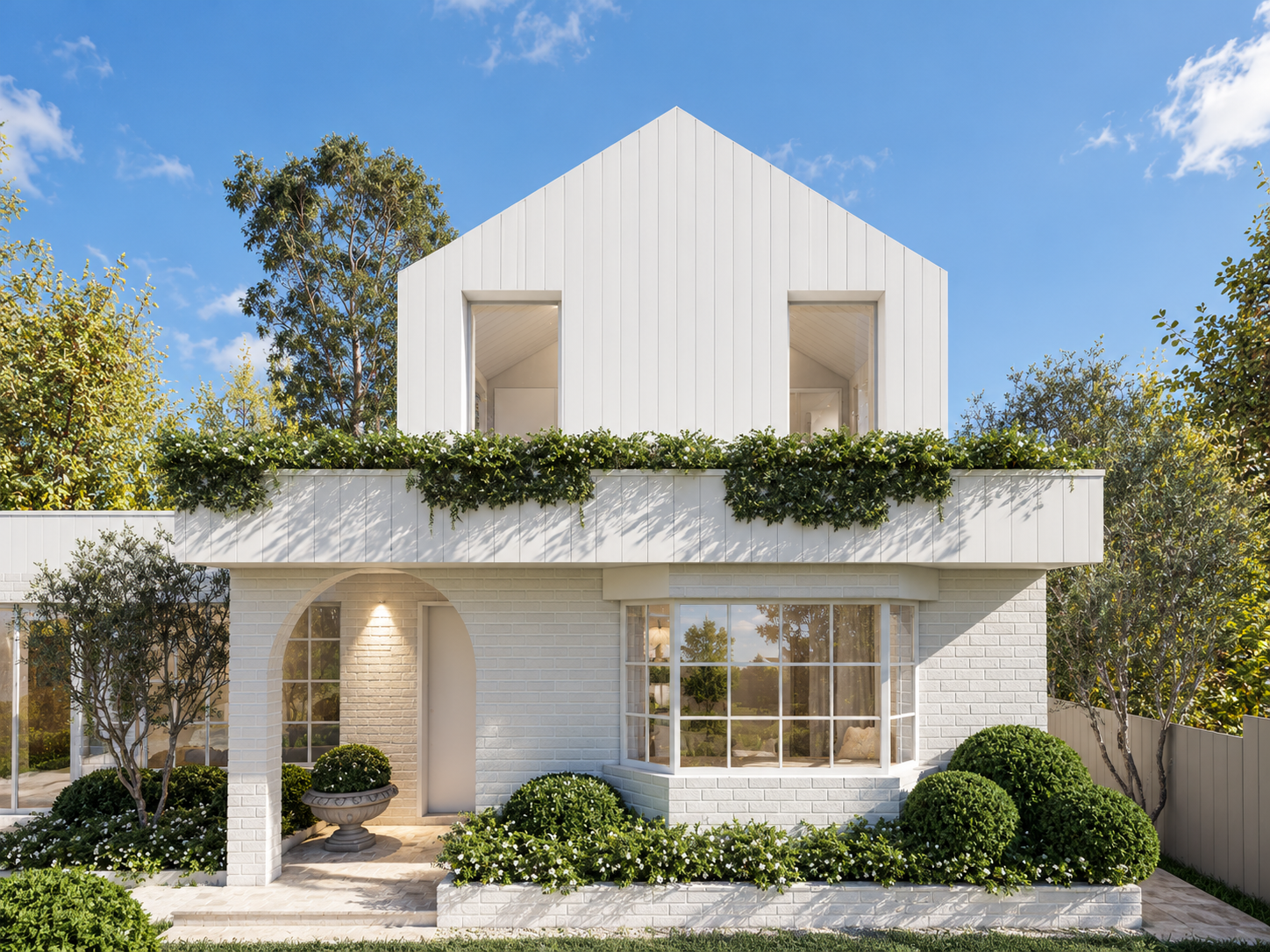 Modern White Gabled House with Lush Landscaping.png