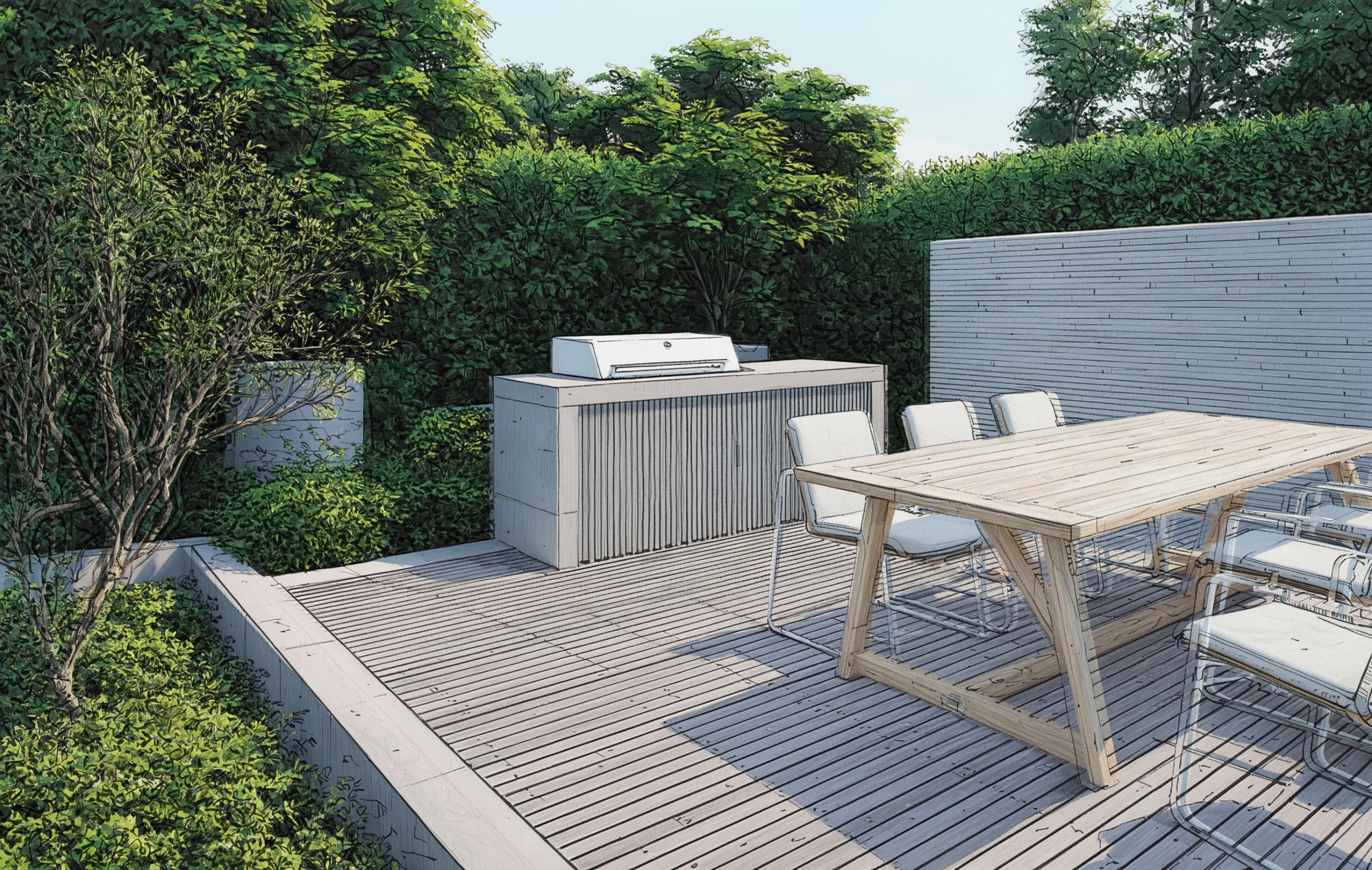 Outdoor patio with a wooden dining table, white chairs, a BBQ grill, and lush greenery in the background, designed by Raw Process Design, Canberra residential architecture