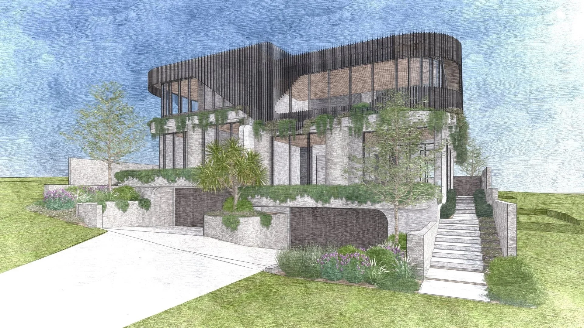 A modern multi-story house with curved architectural design, surrounded by greenery, trees, and landscaped garden with stairs leading up to the entrance, under a partly cloudy sky.