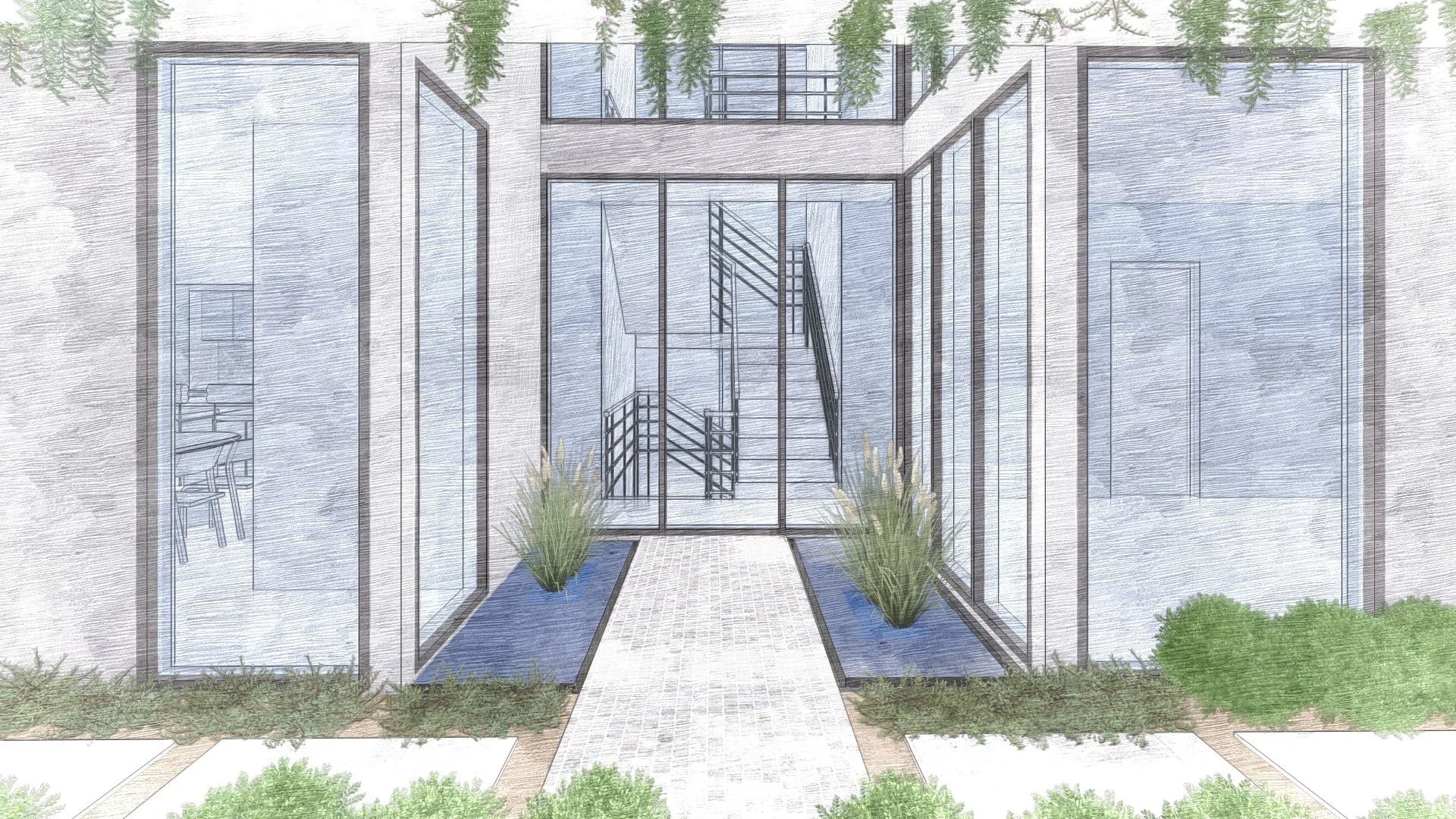 Architectural drawing of a modern building entrance with glass doors, surrounding landscaping with bushes and plants, and a staircase visible inside, designed by Raw Process Design, Canberra residential architecture
