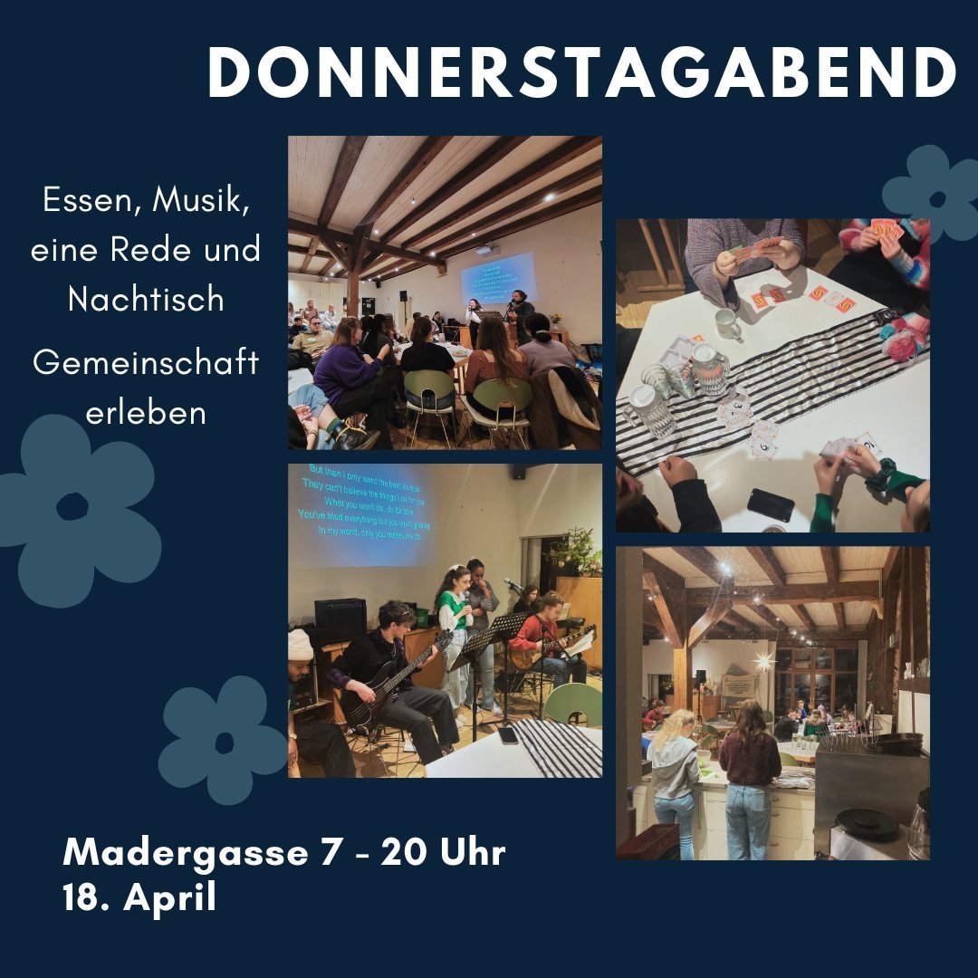 Herzliche Einladung zum ersten Donnerstagabend des Semesters! ⁠
⁠
Donnerstagabend ist eine Gelegenheit, mit der Unterwegs Gemeinschaft zusammenzukommen, um ein warmes Essen zu genie&szlig;en, Musik zu machen, und eine Rede &uuml;ber Glaubens- und Leb