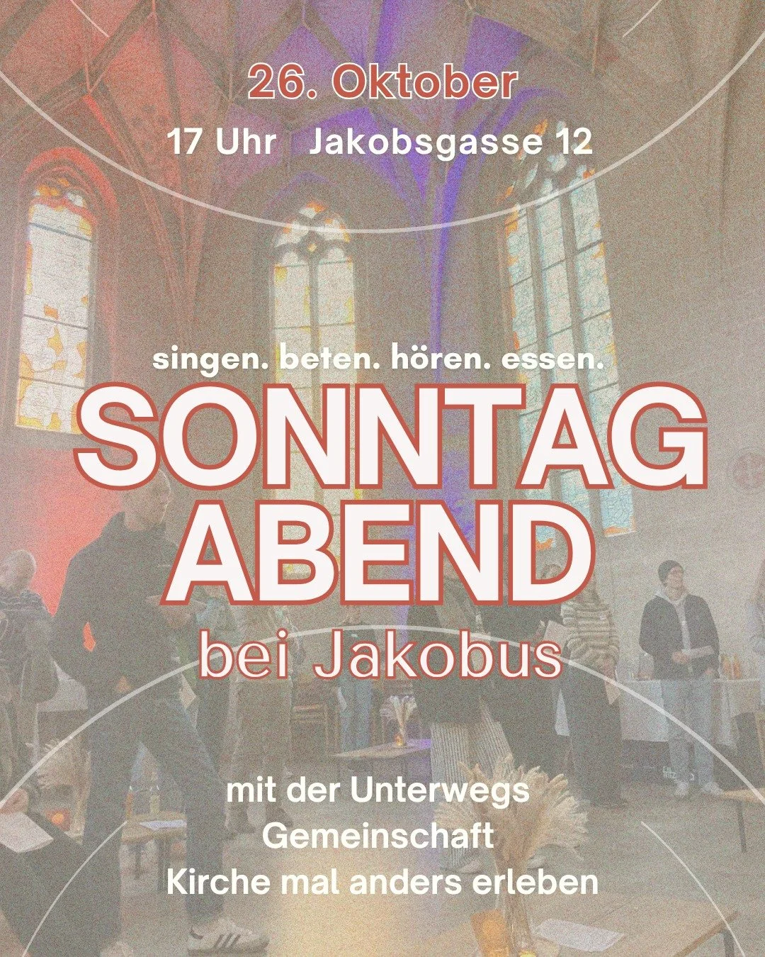 Sonntagabend bei Jakobus findet dieses Wochenende statt und wenn du Lust hast gemeinsam mit der Unterwegs Gemeinschaft Kirche mal anders zu erleben, dann ist das der place to be! 
⏰ 26.10.  17 Uhr 
📍Jakobsgasse 12, Jakobuskirche
 #kirchemalanders #