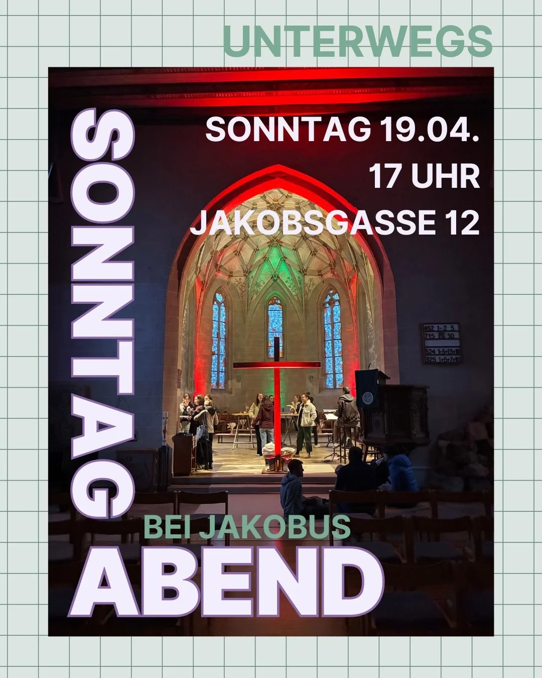 Hast du Lust mit der Unterwegs Gemeinschaft einen Gottesdienst zu besuchen? Ganz egal, ob du das zum ersten Mal oder ganz oft machst - du bist herzlich eingeladen! Wenn du Fragen dazu hast, schreib uns.

⏰ 19.04.26, 17 Uhr
📍Jakobuskirche, Jakobsgass