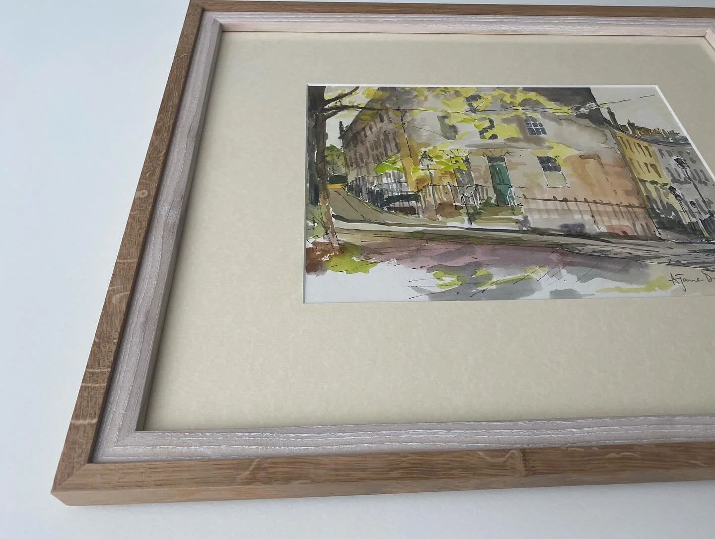 Stacking frames is a nice way to create unique profiles and a combination of different tones and textures. For this original watercolour painting we chose to go with a domed ash profile finished in a liming wax for the inner, and for the outer, a squ