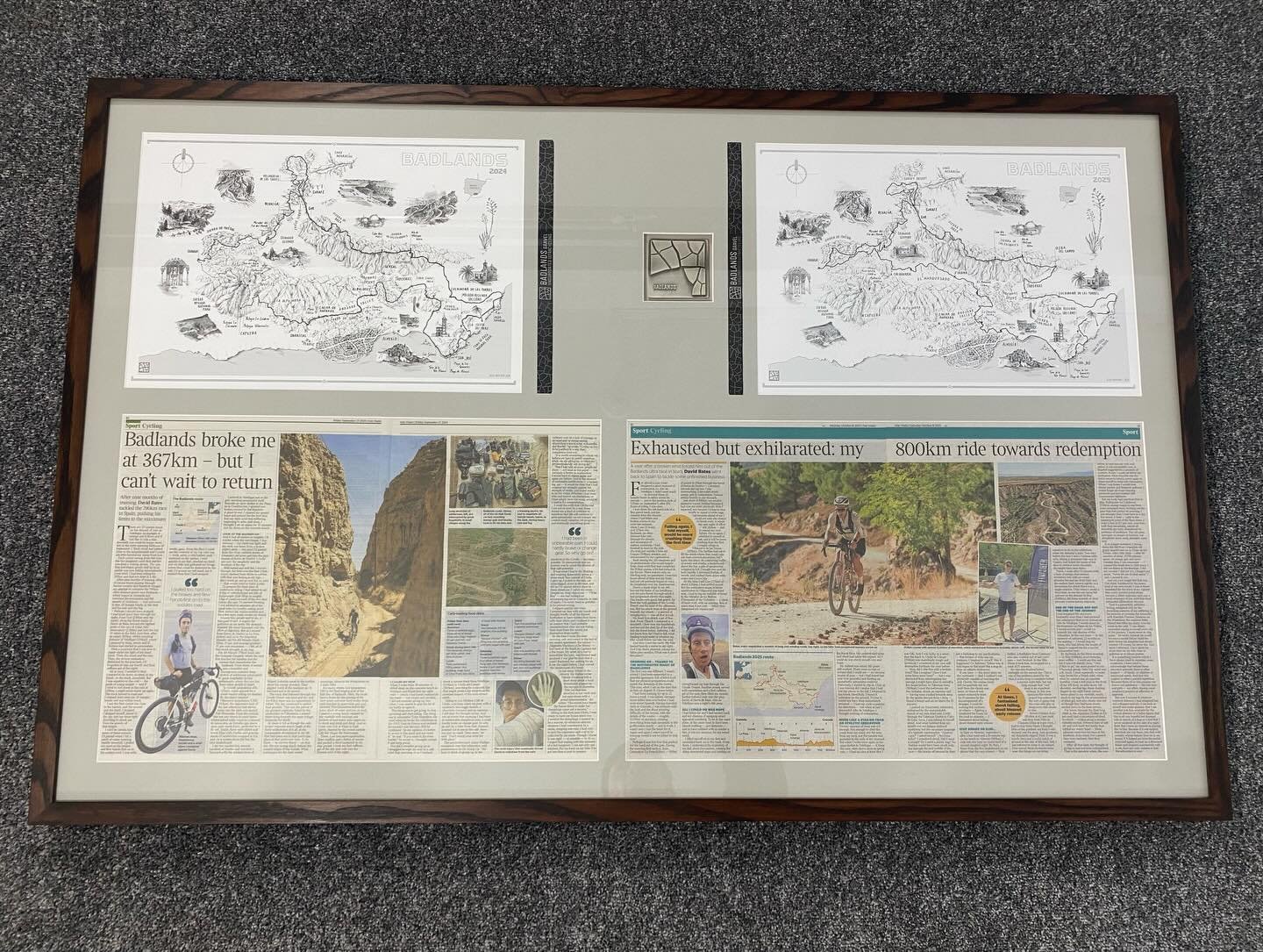 Someone went for a (very long and very hot) bike ride. It actually took David Bates two attempts, both of which are represented here with the maps and newspaper articles he wrote for each attempt, along with his wristbands and on the right hand side,