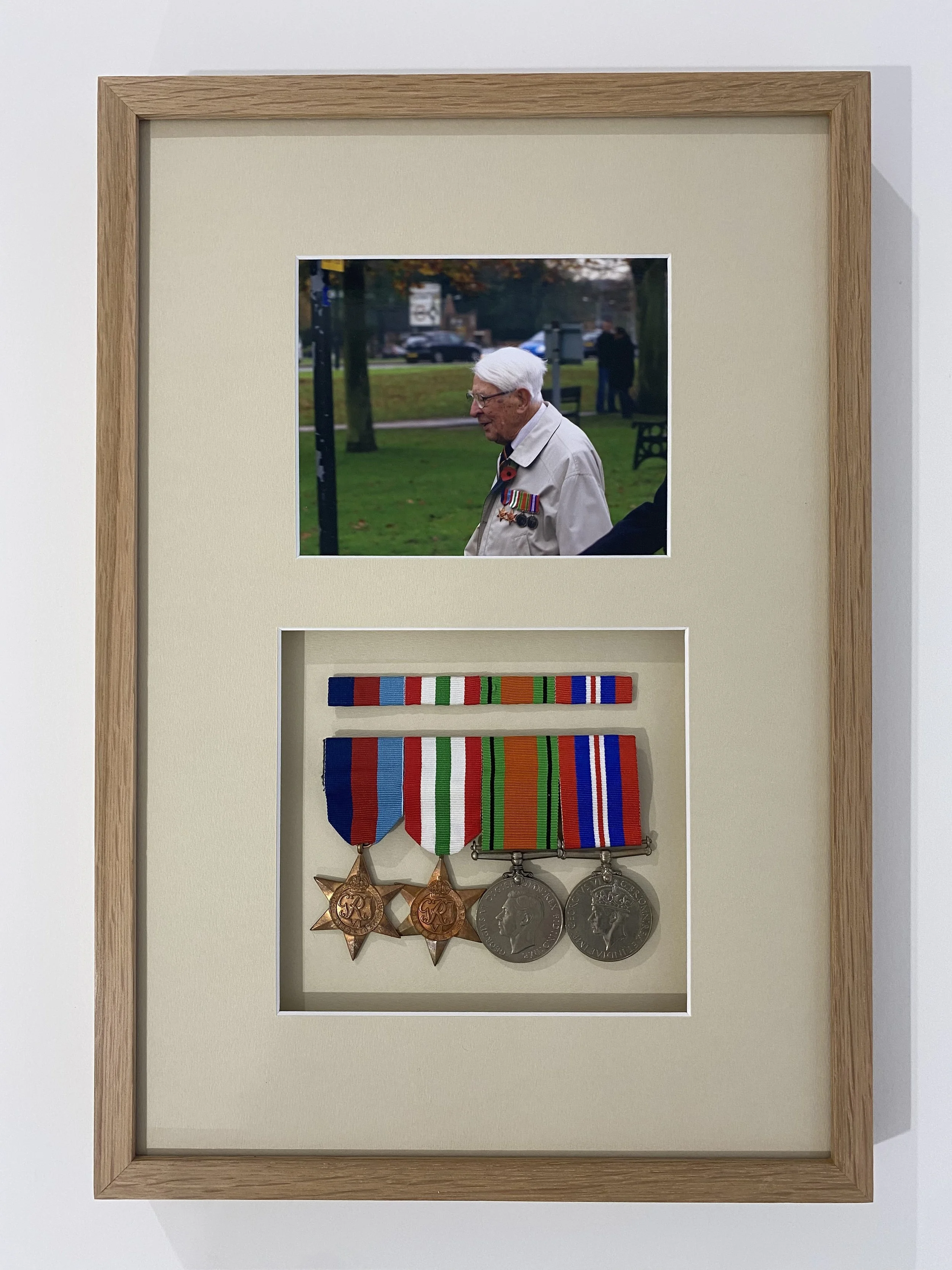 War Medals framed in oak with accompanying photograph