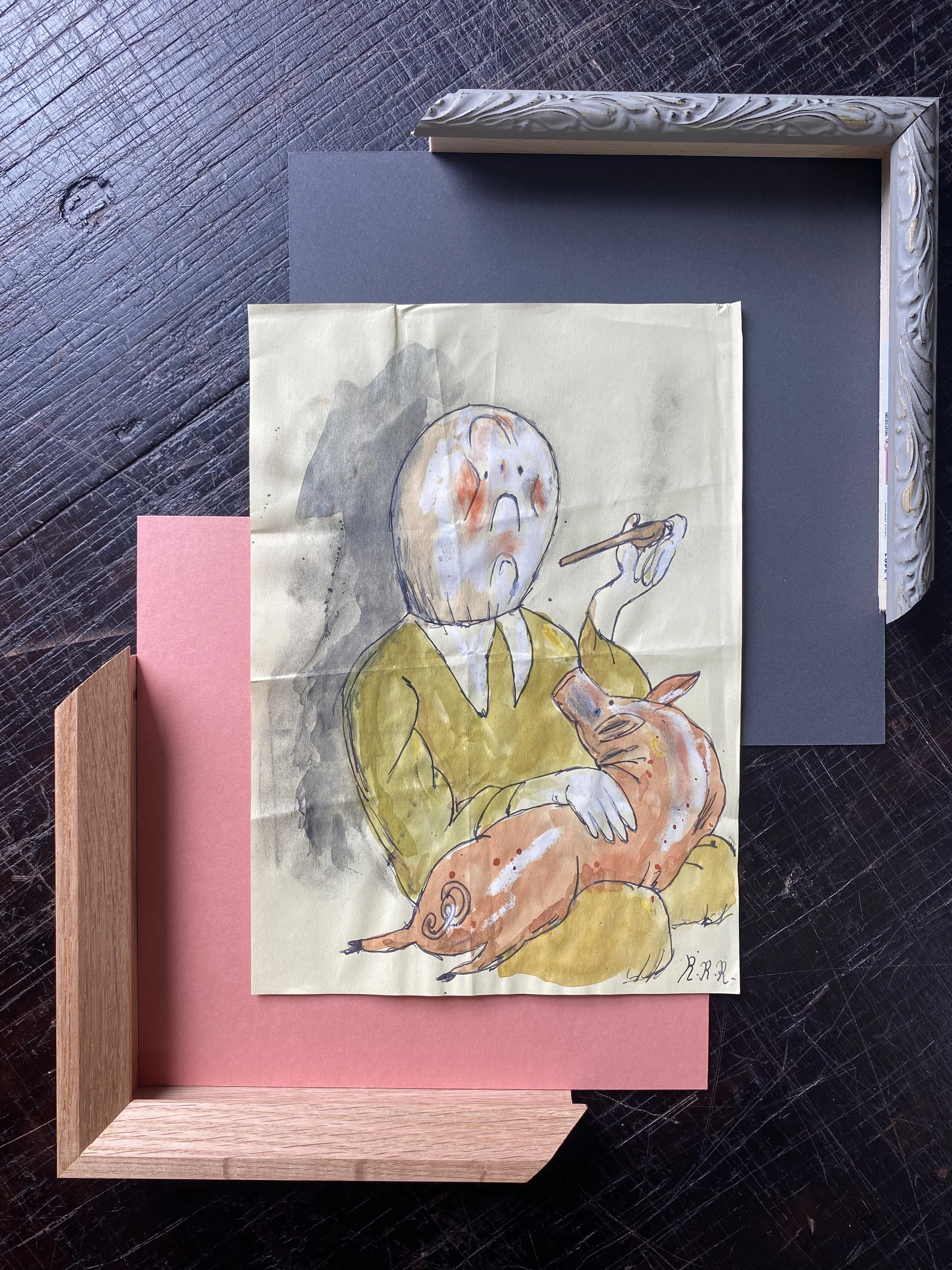 Rowan Roberts original drawing on paper with mount and frame chevron samples