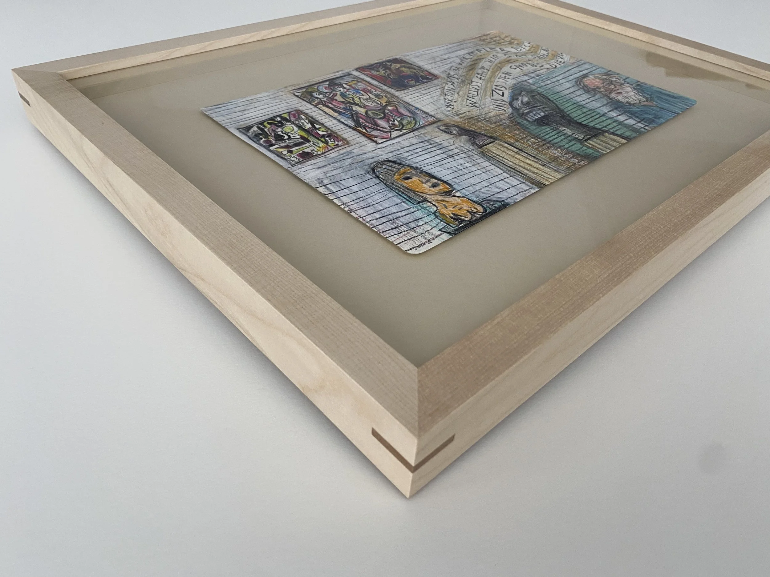 Original Matthew Collings drawing float mounted in a walnut splined maple box frame