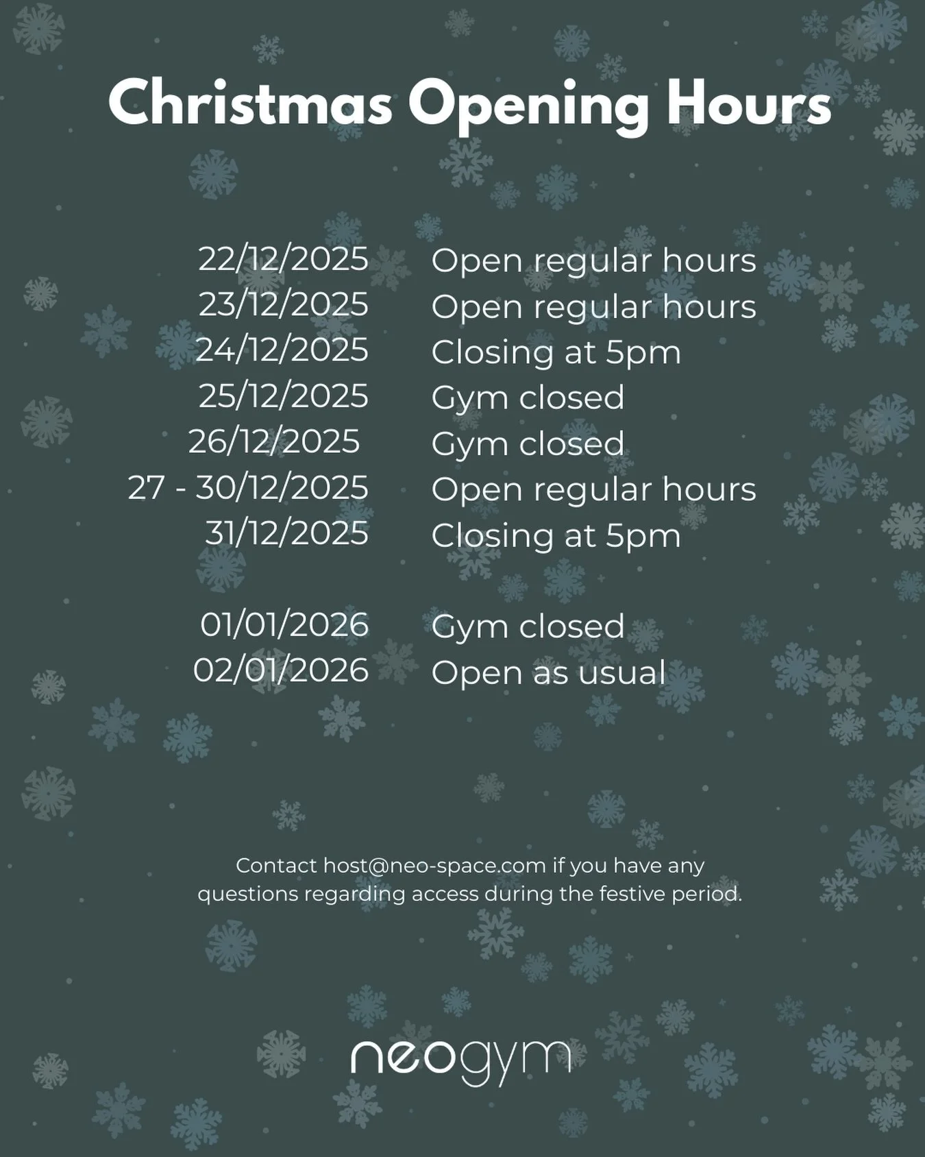 🎄🚨Gym hours for the festive period🚨🎄

Check out when we will be open over the festive period^^

#neogym #aberdeen #neospace