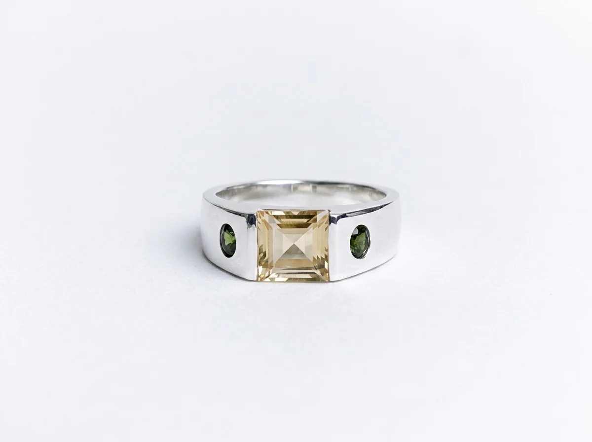 Sterling silver ring with green tourmalines and citrine