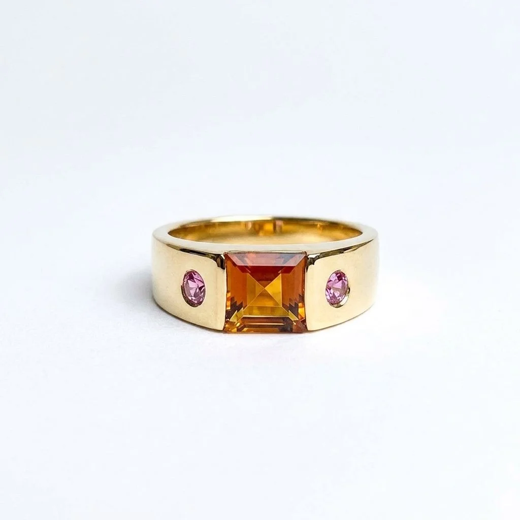 Stud ring in gold with pink topaz and amber citrine