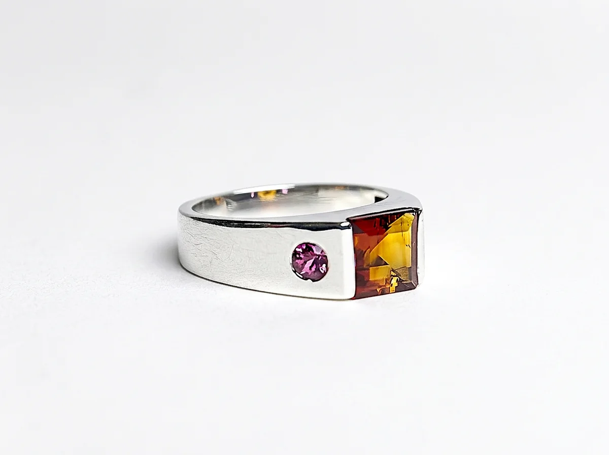 Pink topaz and amber coloured citrine ring