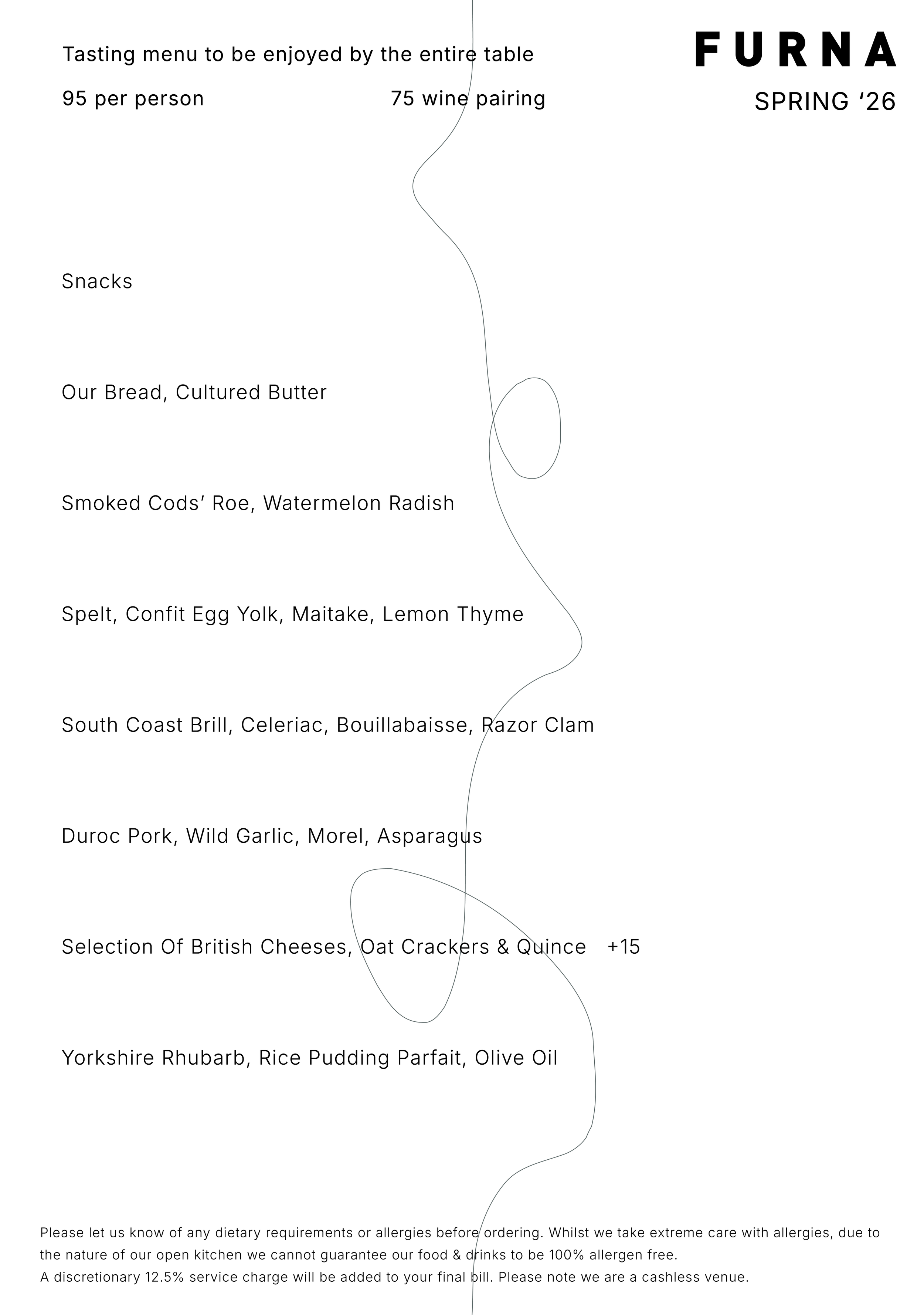 Furna Spring 26 tasting menu with wine pairing, featuring dishes such as smoked cod roe, watermelon radish, confit egg yolk, maitake, lemon thyme, South coast brilled celeriac, bouillabaisse, razor clam, Duroc pork, wild garlic, asparagus, and a selection of British cheeses with oat crackers and quince, priced per person and with additional charge for cheese.