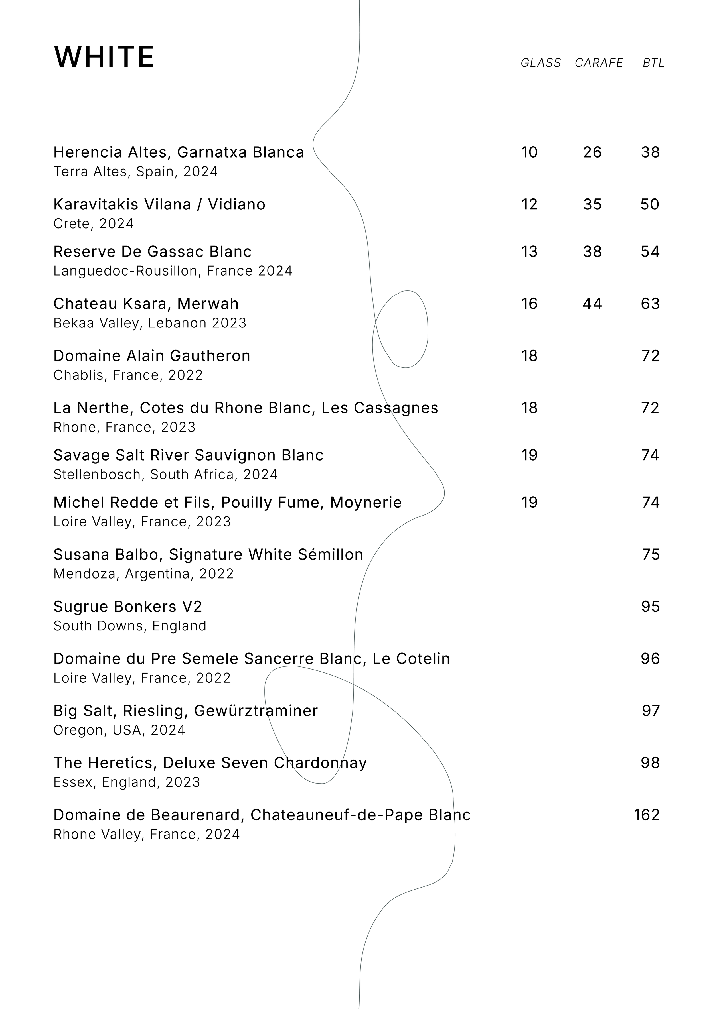 Wine list with white wines, including names, origin, year, and tasting notes.