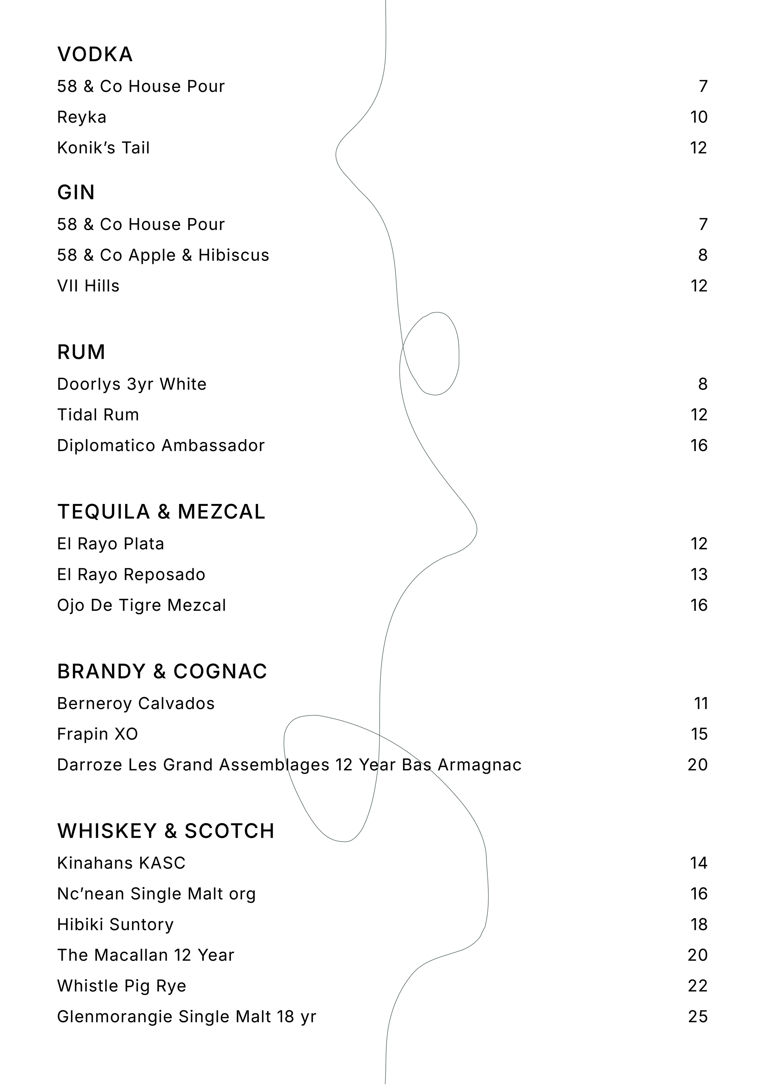 A cocktail menu listing various drinks organized by categories such as vodka, gin, rum, tequila & mezcal, brandy & cognac, whiskey & scotch, with their names and prices.