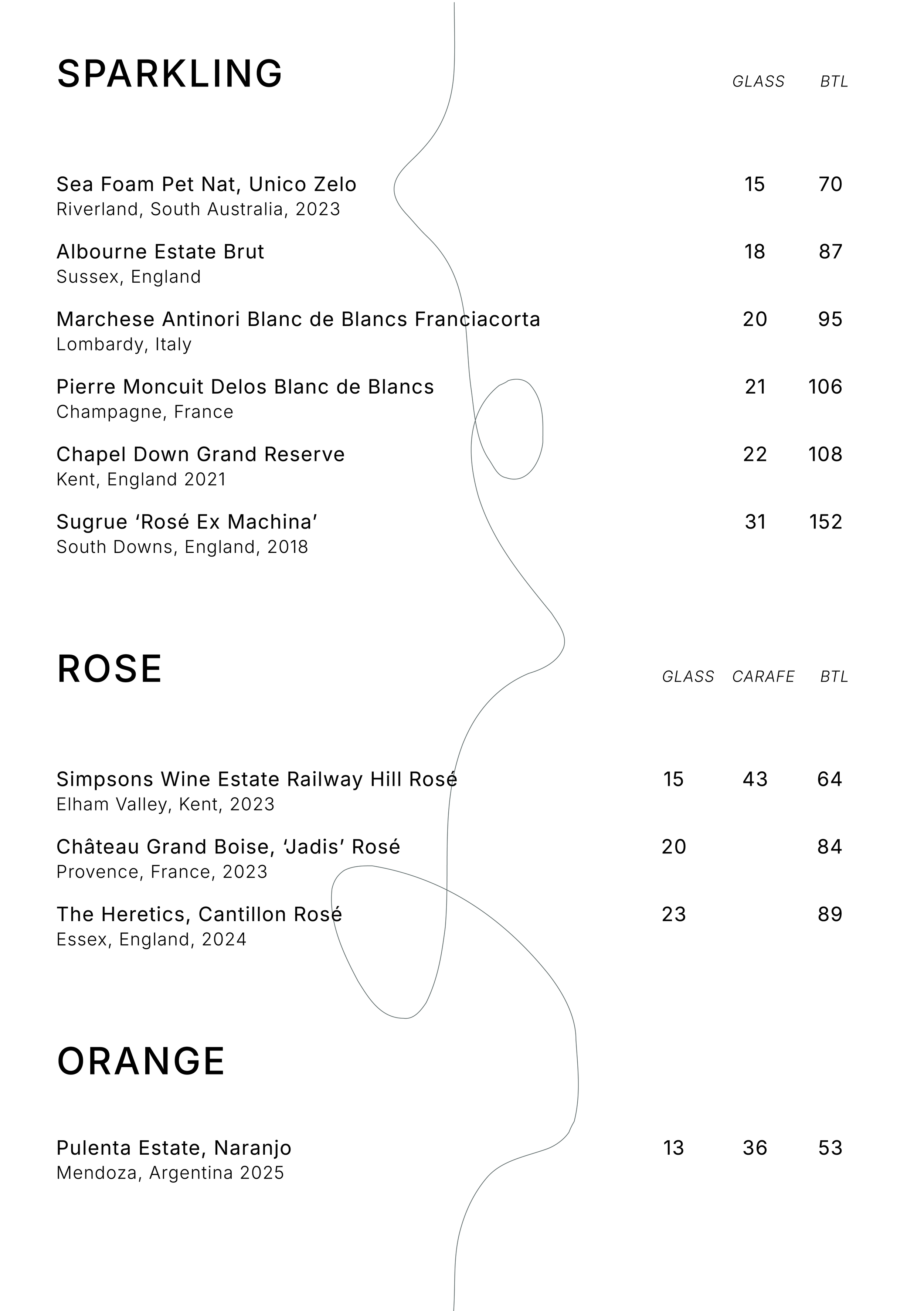 Wine list featuring different categories: Sparkling, Rosé, and Orange wines, with their names, regions, and vintages.