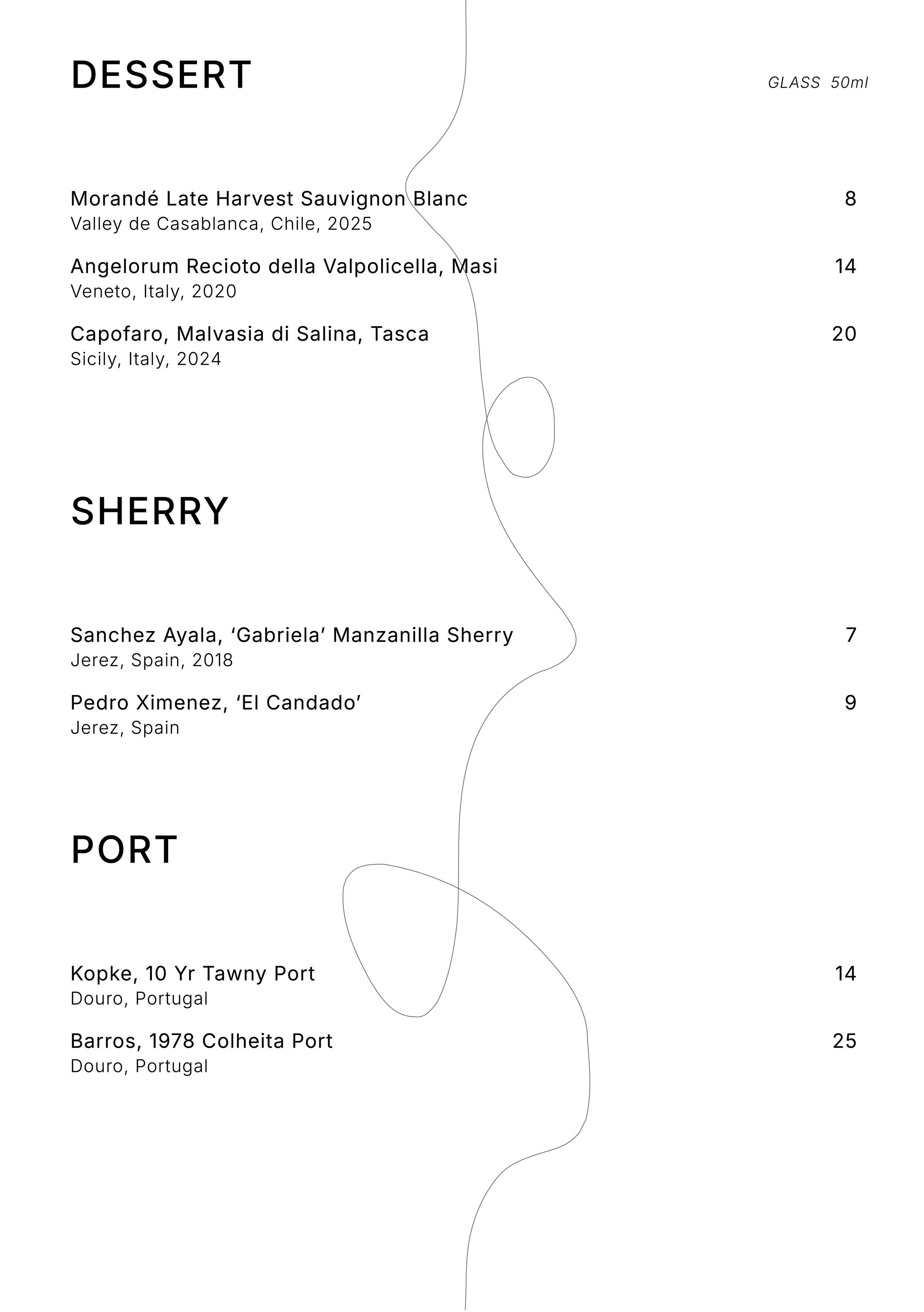Wine menu with categories for Dessert, Sherry, and Port, listing various wines along with their origin, year, and prices.
