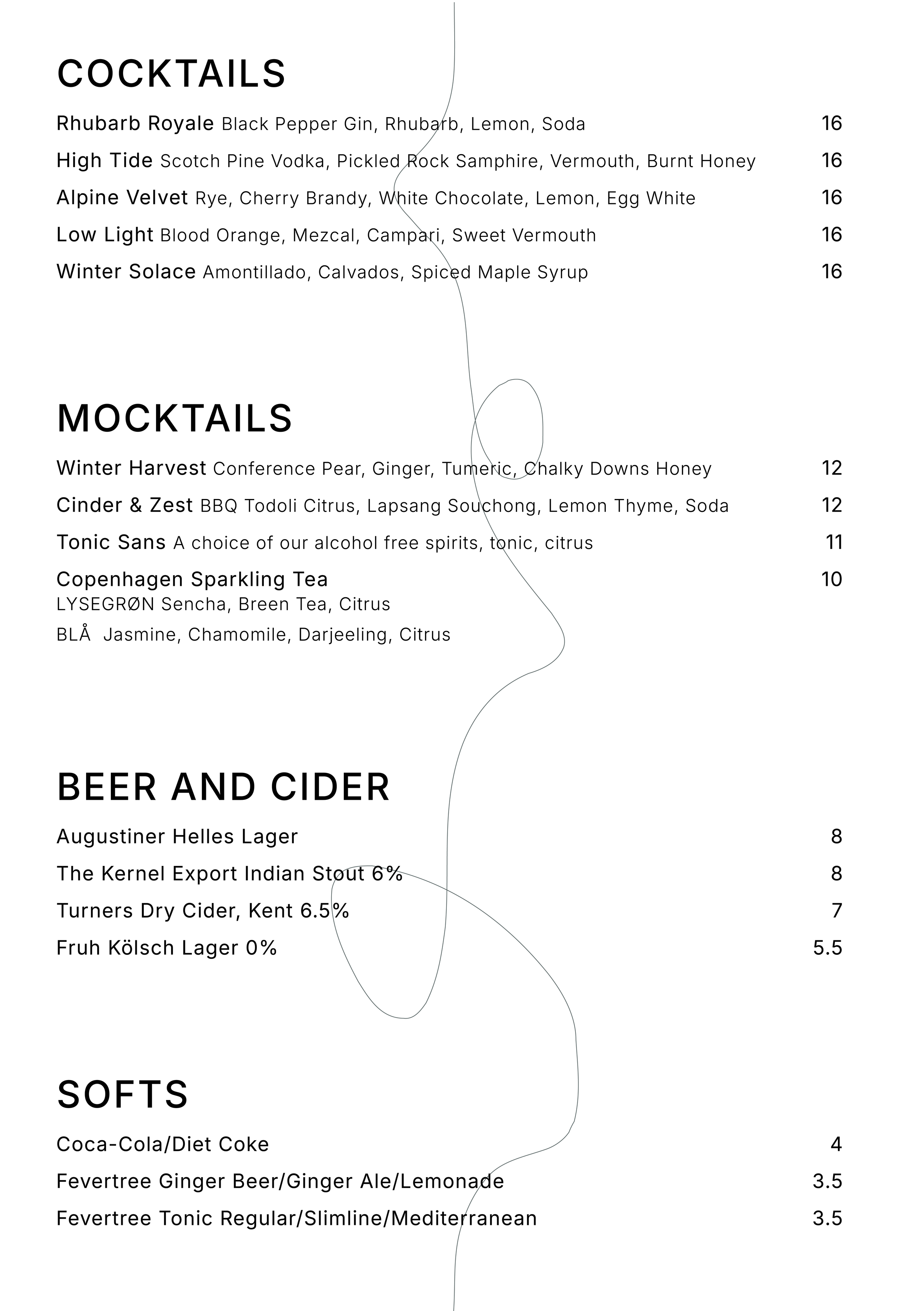 Menu featuring sections: Cocktails with drinks like Rhubarb Royale and Alpine Velvet Rye, Mocktails with Winter Harvest and Cinder & Zest, Beer and Cider including Augustiner Helles Lager, and Soft drinks such as Coca-Cola and Ginger Beer, with prices listed.
