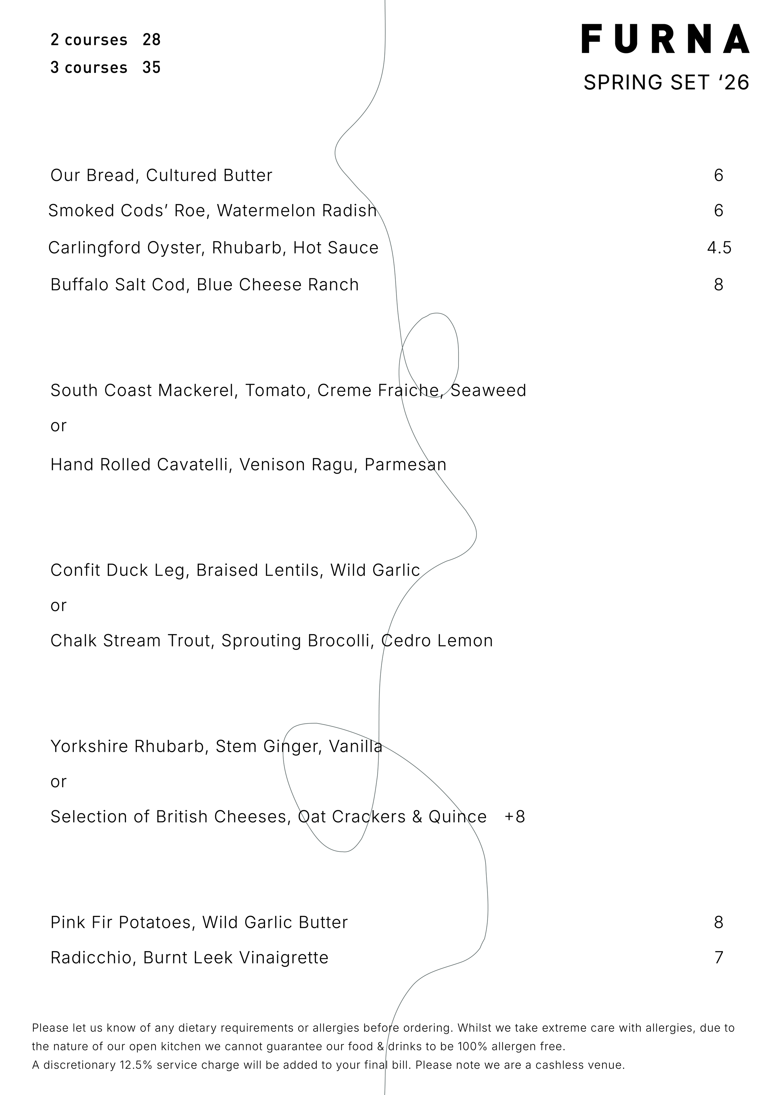 Furna Spring Set '26 menu featuring various seafood dishes, vegetable options, and cheeses with prices listed for different courses.