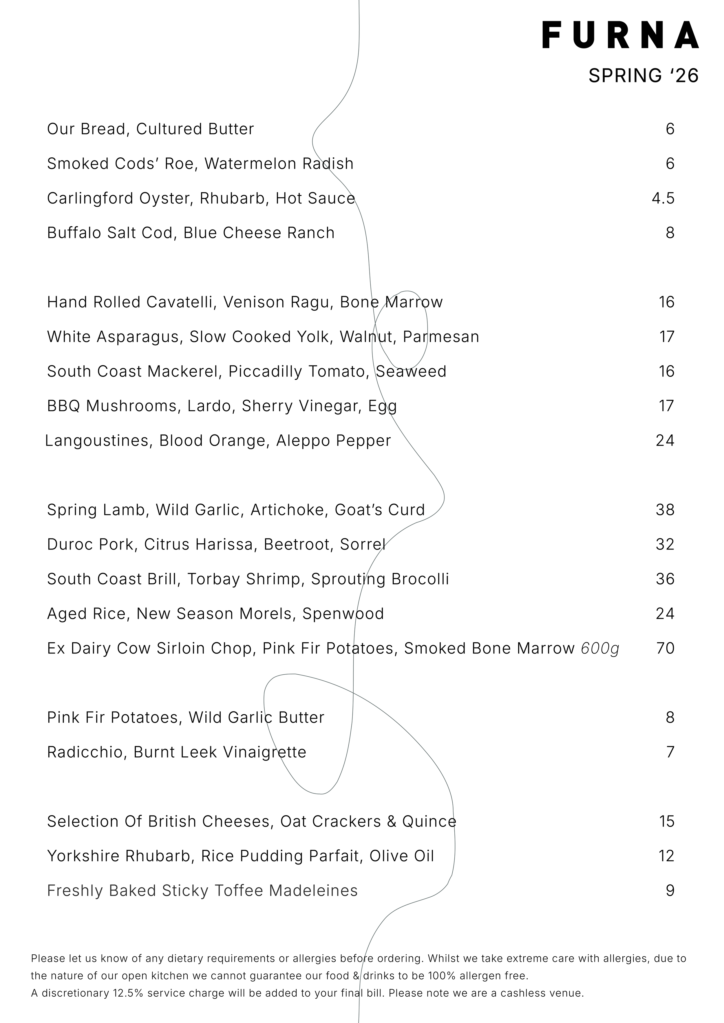 Menu from FURNA restaurant for Spring 2026, featuring dishes like cured cod roe, oysters, mackerel, lamb, pork, and desserts.