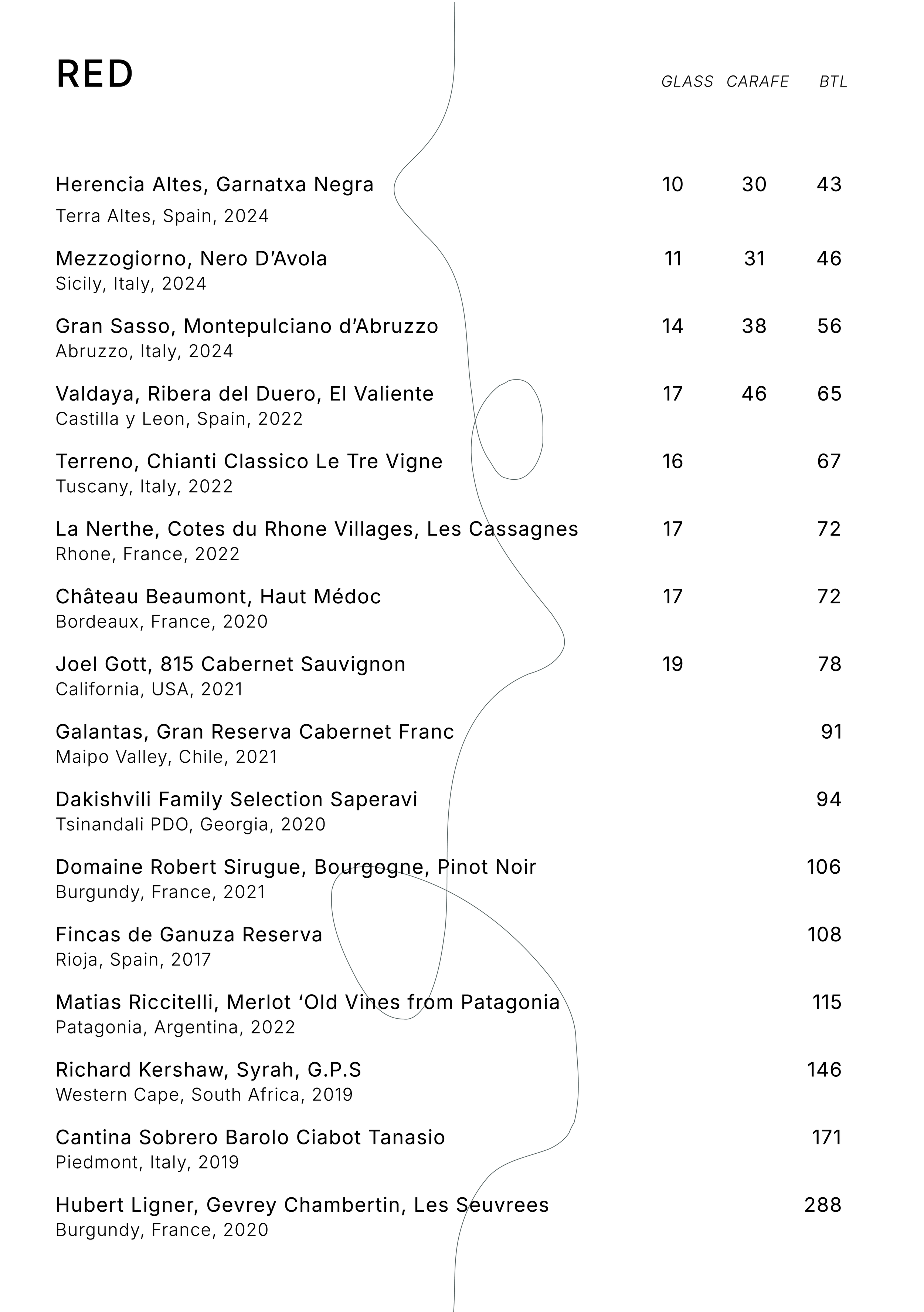 Wine list titled 'RED' featuring various international wines with names, regions, and vintage years, alongside numerical scores.
