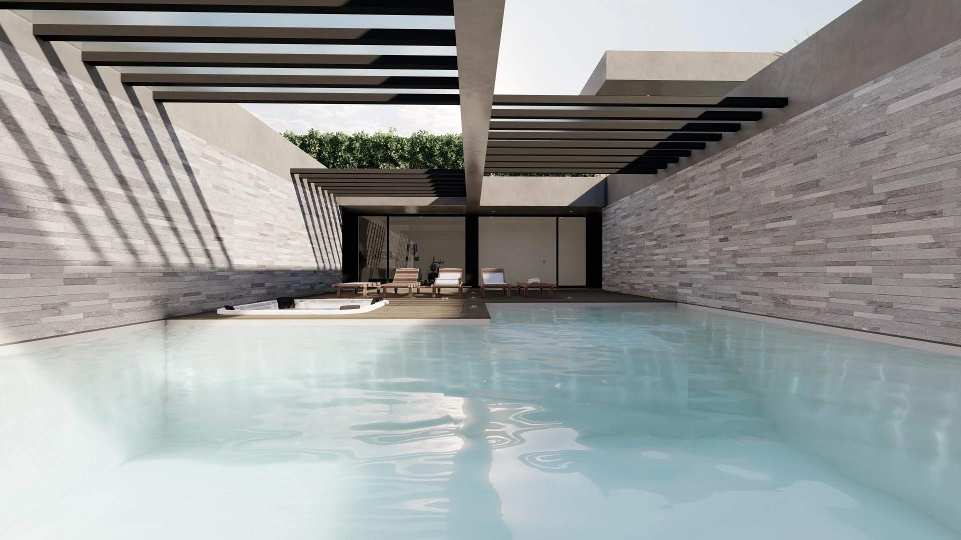 Piscina com espreguiçadeiras ao fundo, parede de pedra cinza, sombra de estrutura de madeira no teto, e uma área de descanso com um jacuzzi na lateral.