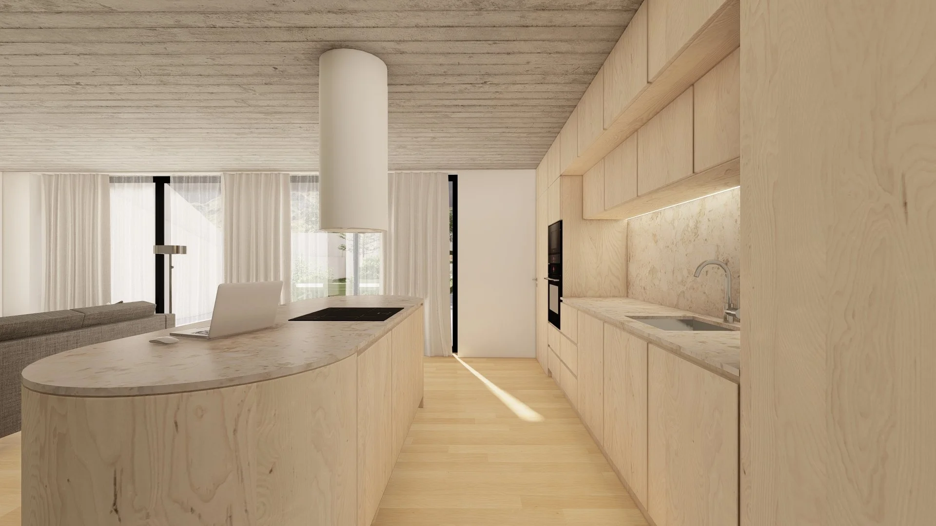 Cozinha moderna com armários de madeira clara, bancada de mármore e eletrodomésticos embutidos, vista para sala com janelas com cortinas brancas.