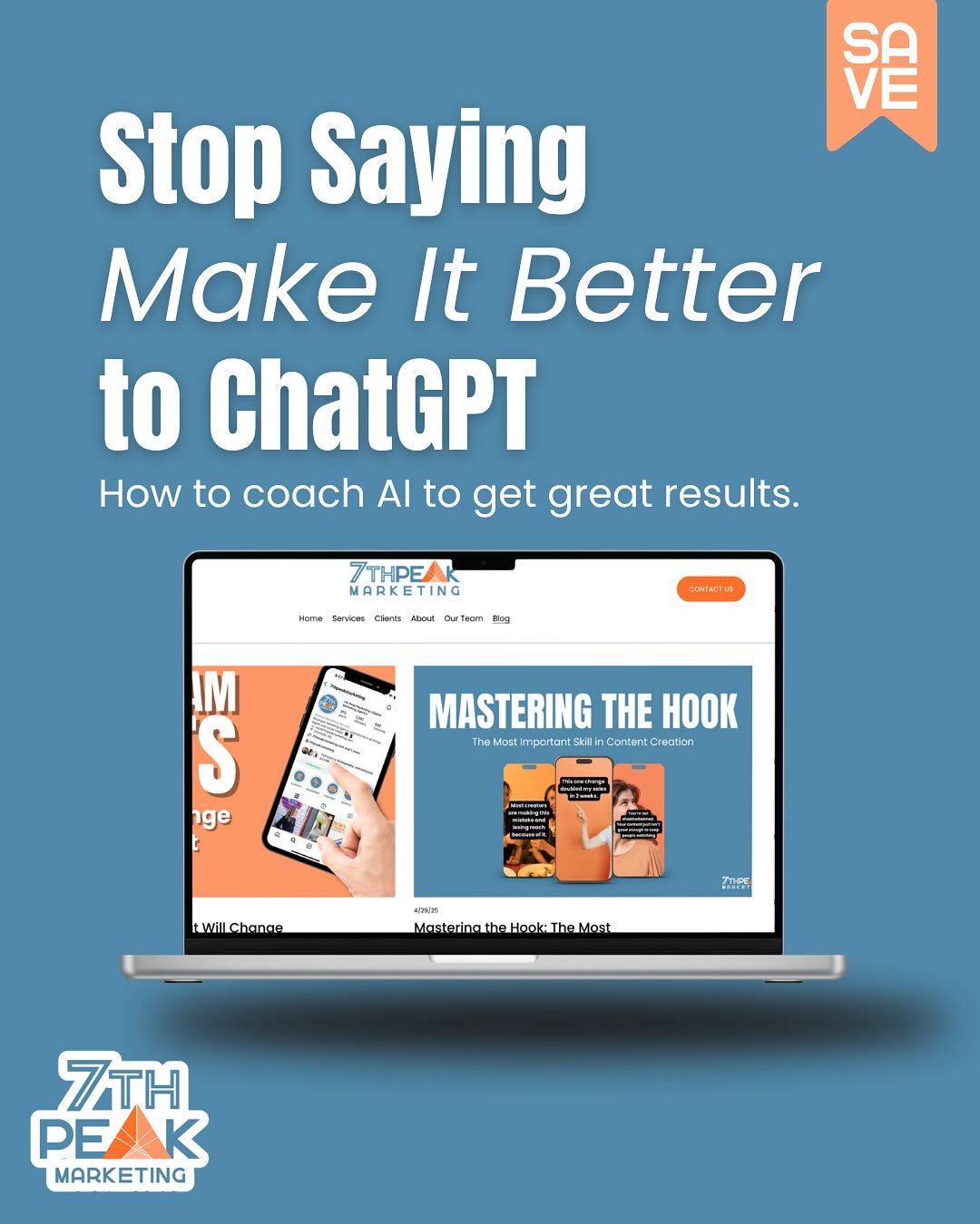 Still telling ChatGPT to &ldquo;make it better&rdquo;? That&rsquo;s the fastest way to get generic results. Learn how to actually coach AI to get what you want. Swipe through and take notes! ✨

Follow 7th Peak Marketing for smarter strategies that ac