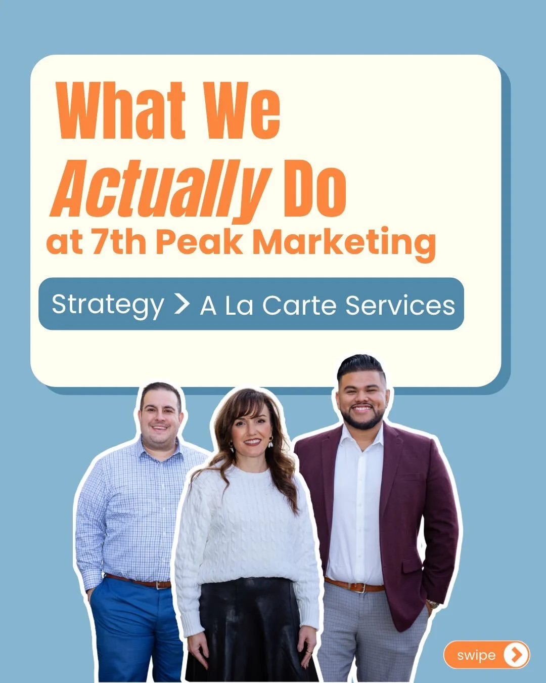 At 7th Peak Marketing, we believe that buying random services leads to random results. Instead, we start with your goals and build a custom strategy designed to hit them! 😉

Whether it&rsquo;s social media, video production, or a full rebrand, every