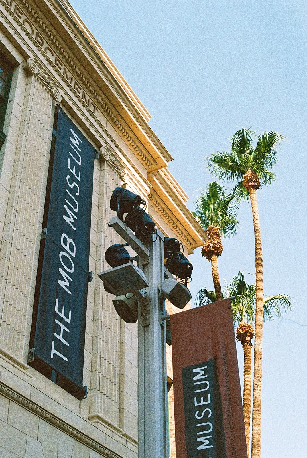 Exterior shot on film of The Mob Museum in Las Vegas - a Unique Las Vegas wedding venue.