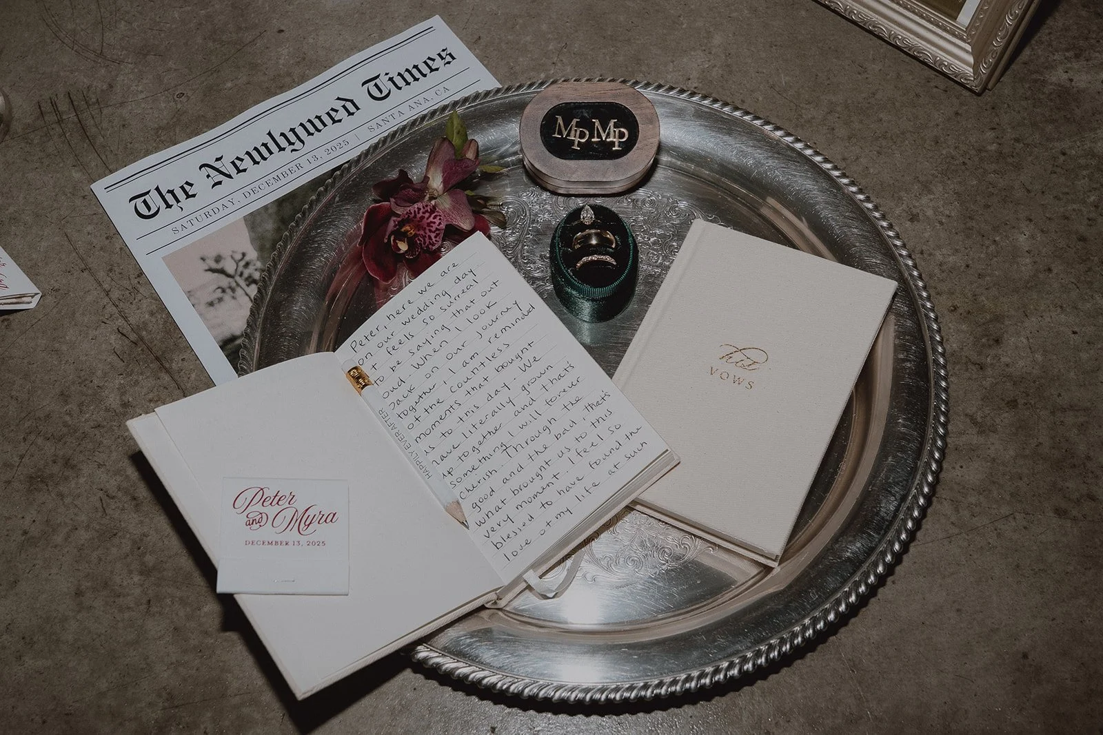 Flatlay detail shot of Orange County micro wedding details