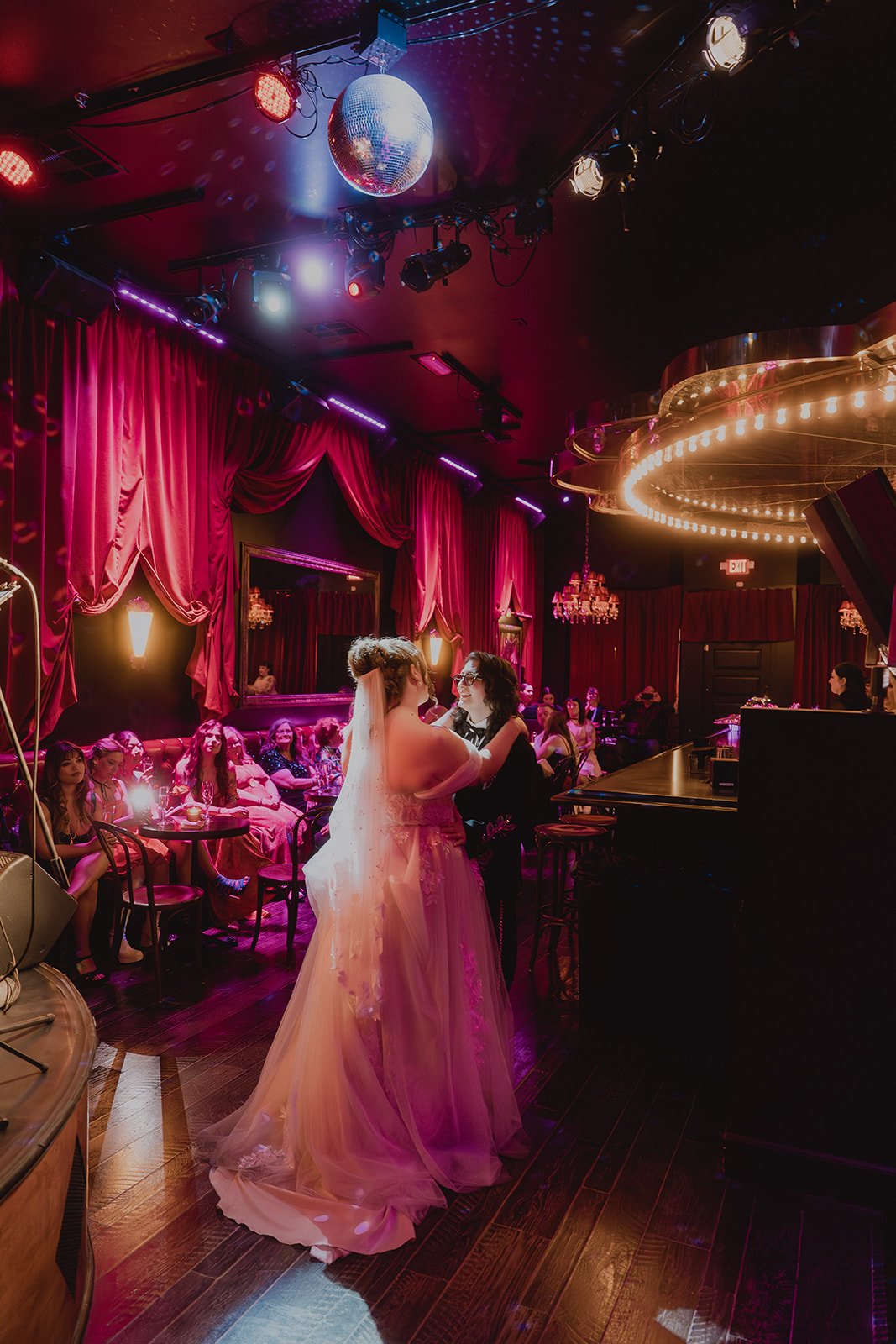 Couple dancing during their intimate Cheapshot wedding reception in Downtown Las Vegas.