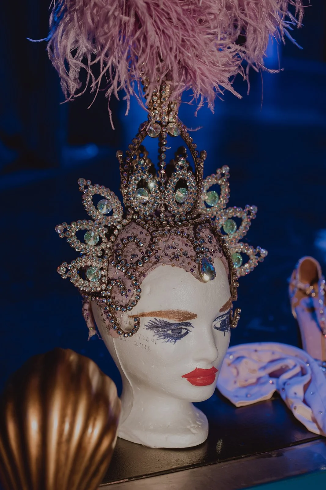 Feathered showgirl headpiece worn by Gypsy Wood during the Showgirl Bootcamp Experience in Las Vegas.