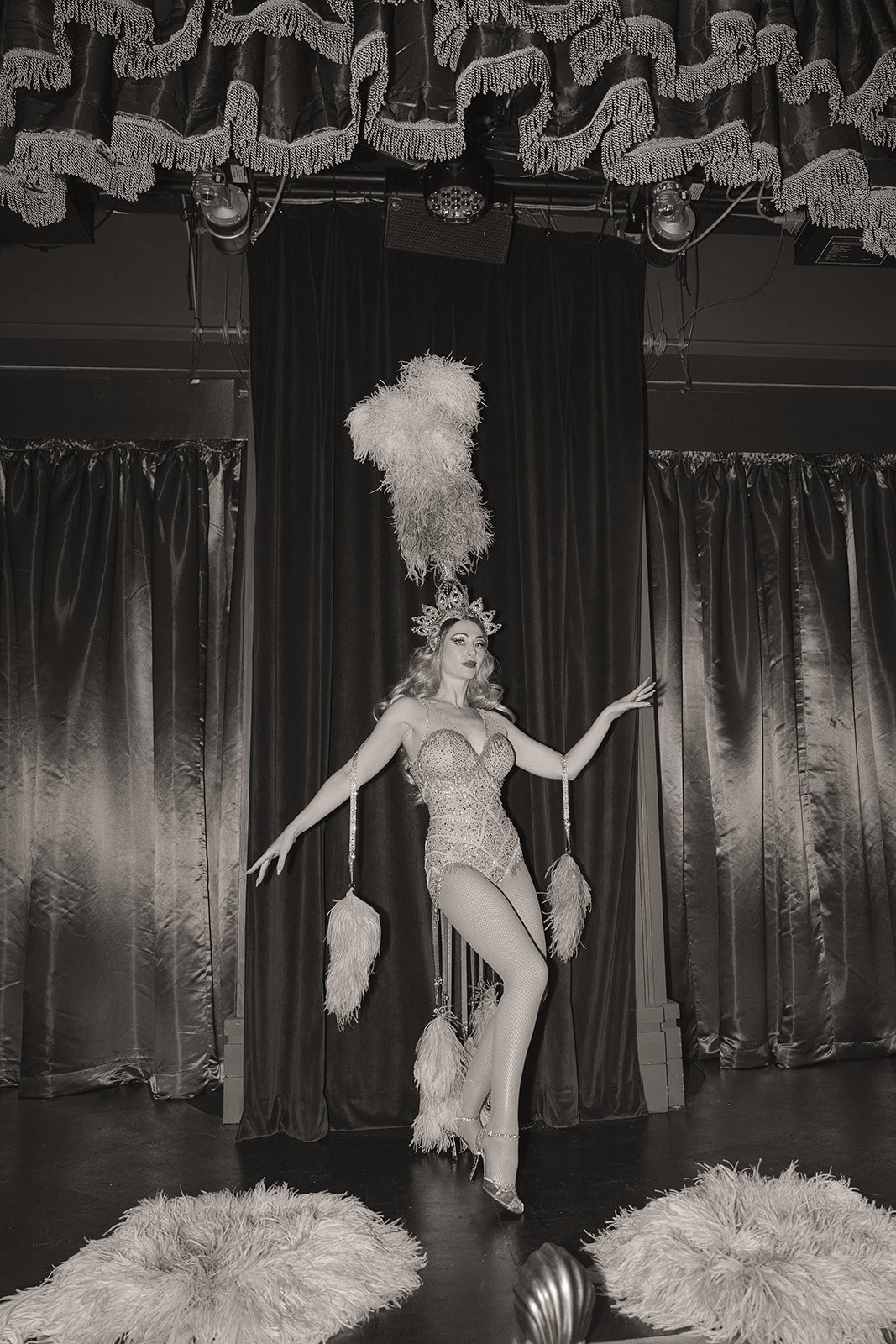 Black and white photo of Gypsy Wood performing on stage at Superfrico in Las Vegas