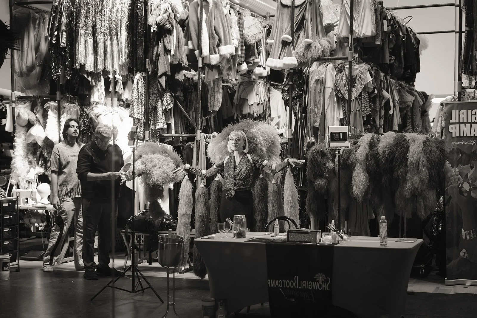 Backstage moment showing vintage Las Vegas showgirl costumes during the Showgirl Bootcamp Experience.
