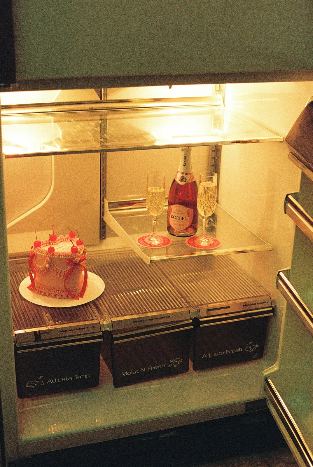 Vintage inspired elopement cake and glasses of champagne inside of a vintage fridge.