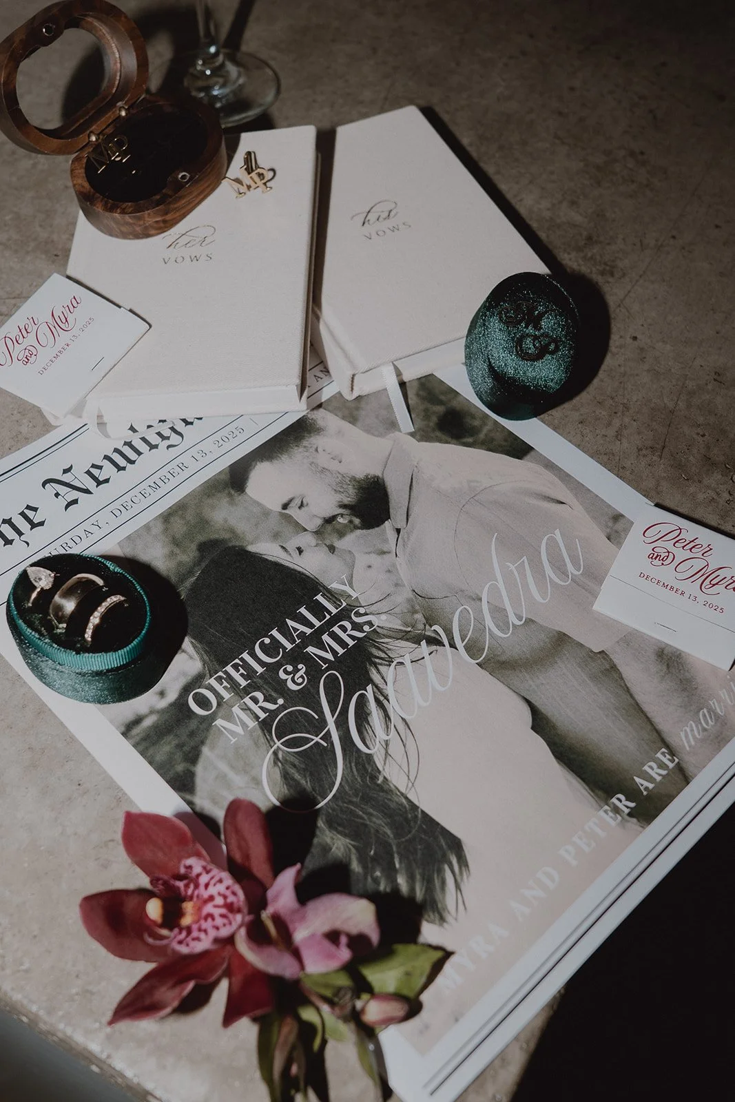 Flatlay detail shot of Orange County micro wedding details