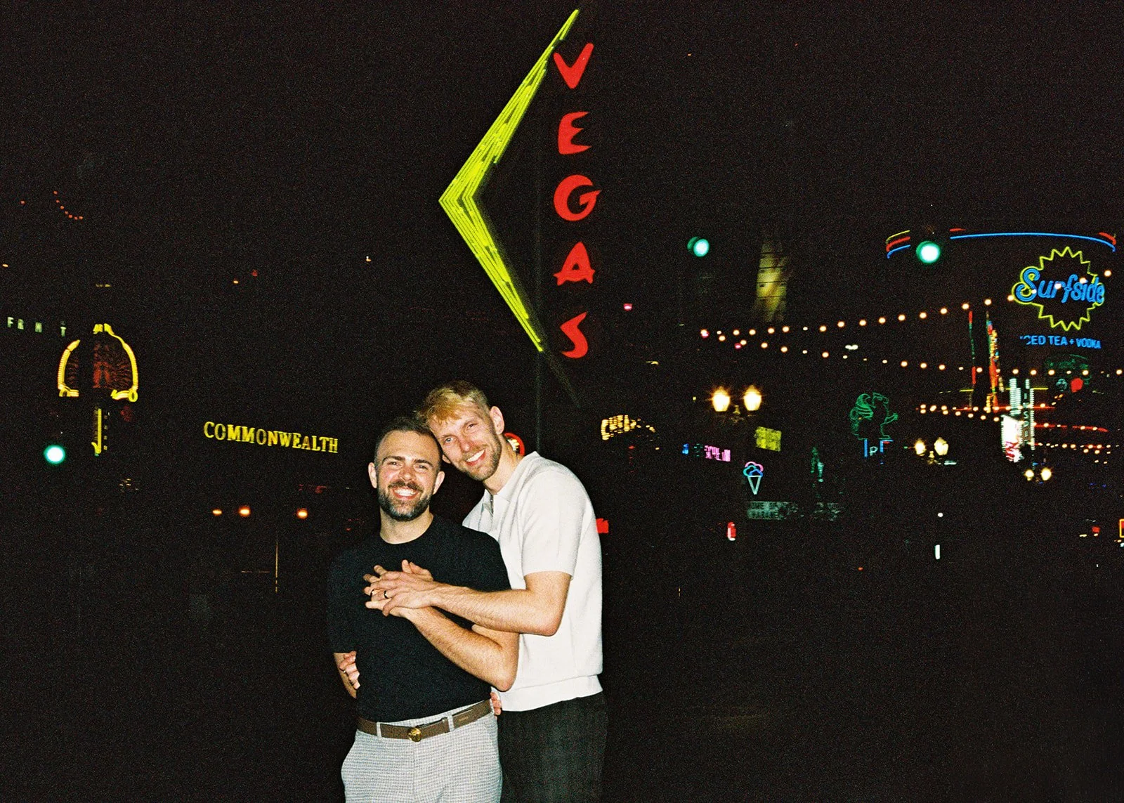 Nighttime Las Vegas elopement photo on Fremont Street on 35mm film.