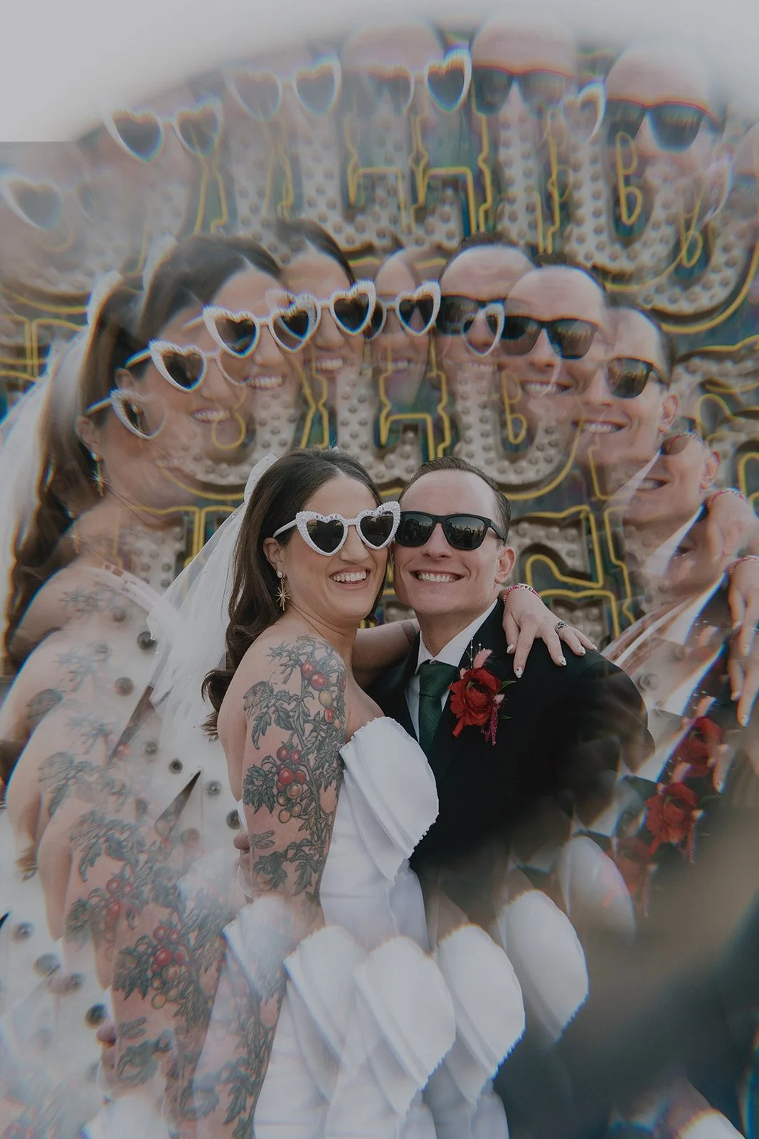 Creative wedding portrait of a bride and groom at The Neon Museum in Las Vegas.