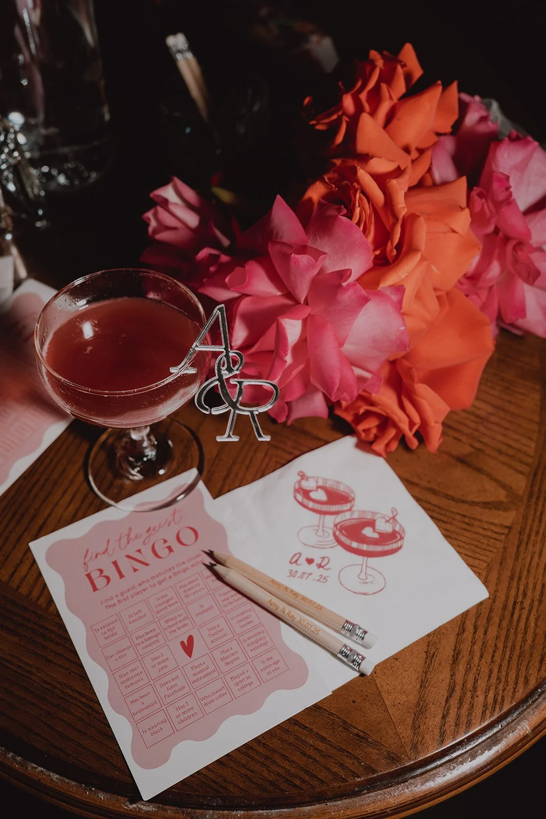 Las Vegas micro wedding reception details from a Velveteen Rabbit wedding reception with cocktails, bingo, and custom napkins.