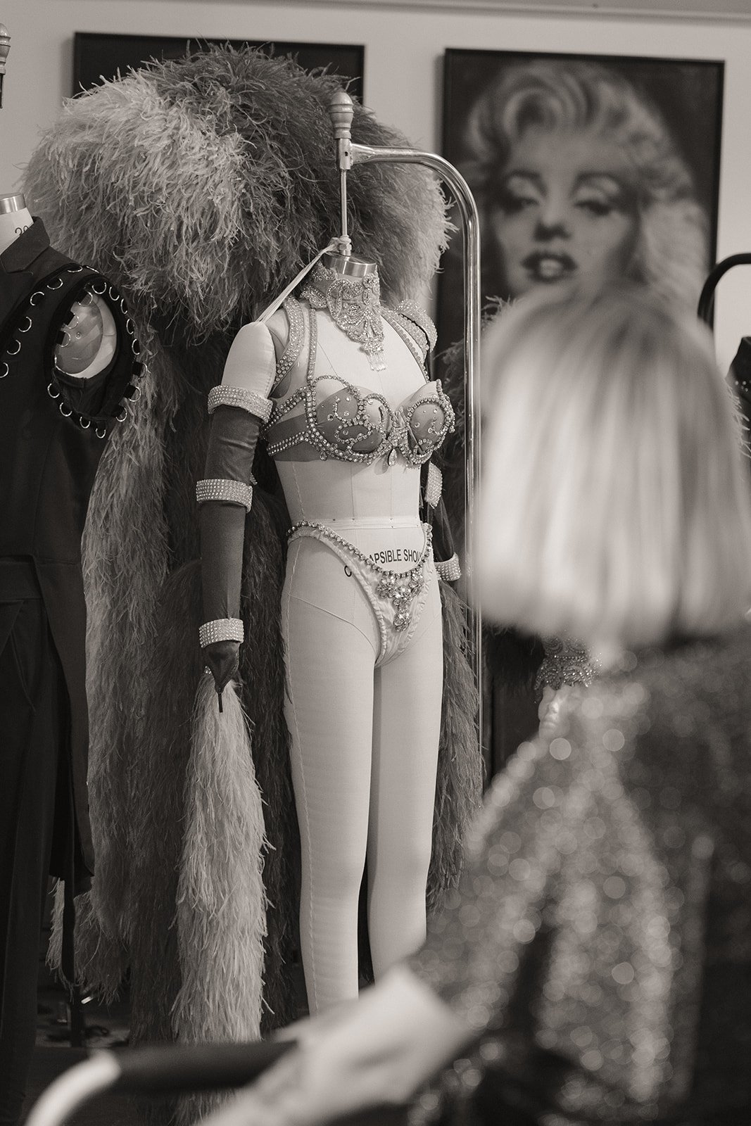 Vintage Las Vegas showgirl costume displayed backstage during the Showgirl Bootcamp Experience, photographed by Cruz Valentin Photography.