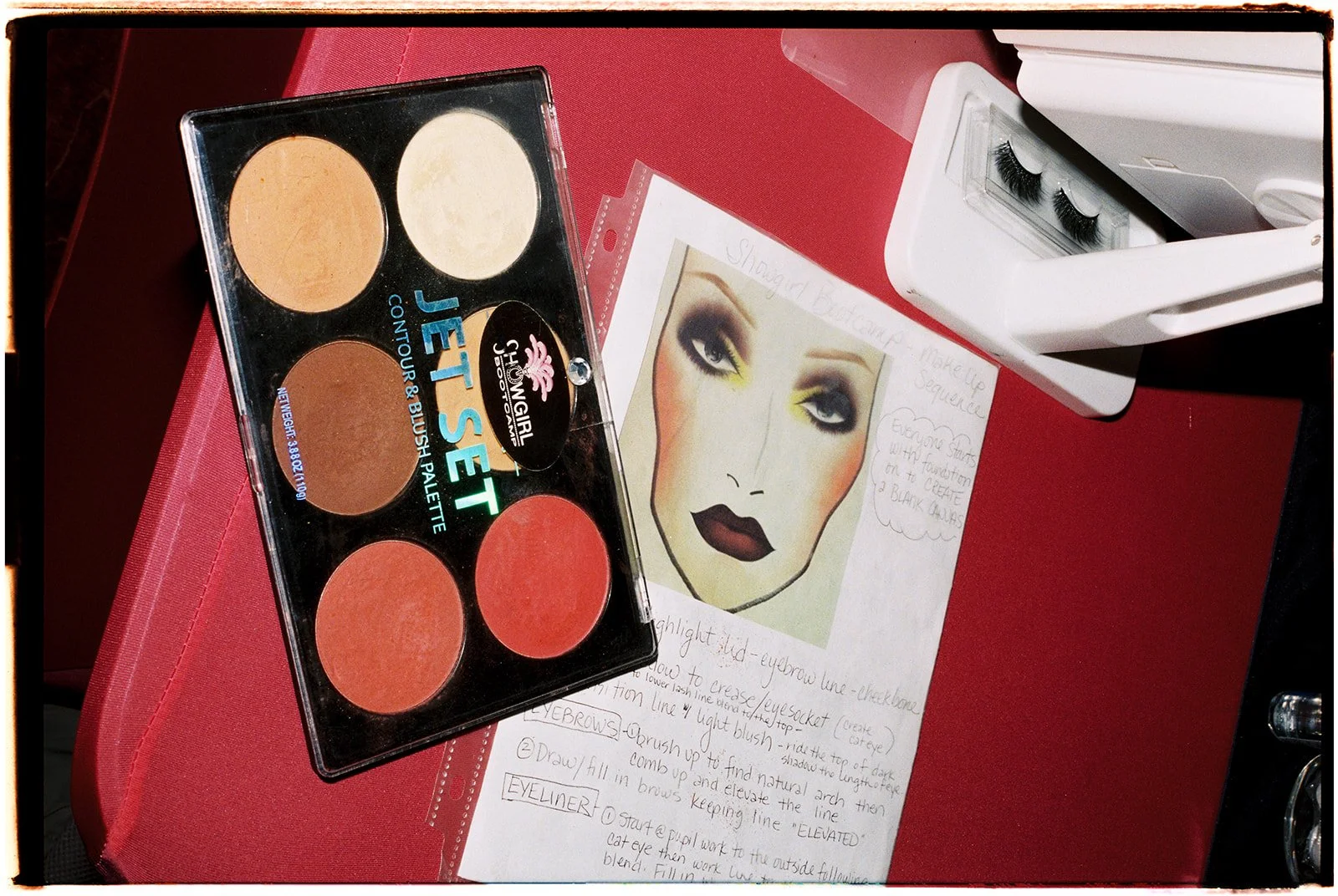 Showgirl makeup palette and face chart used during the Showgirl Bootcamp Experience in Las Vegas, captured on film.