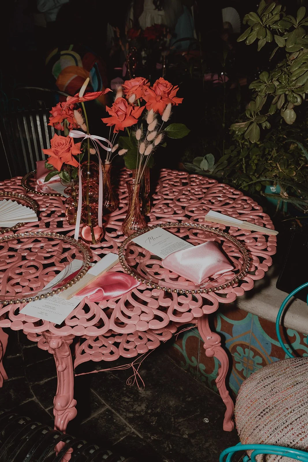 Pink table set up for a small Las Vegas wedding reception at Park on Fremont.