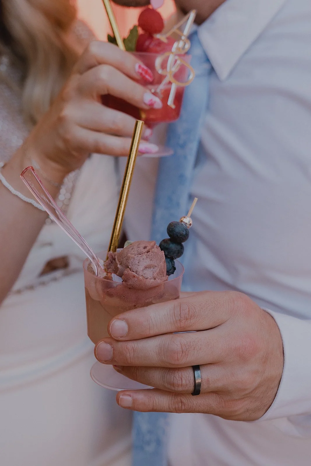 Close-up of craft cocktails and sorbet served during a Velveteen Rabbit Las Vegas micro wedding reception.