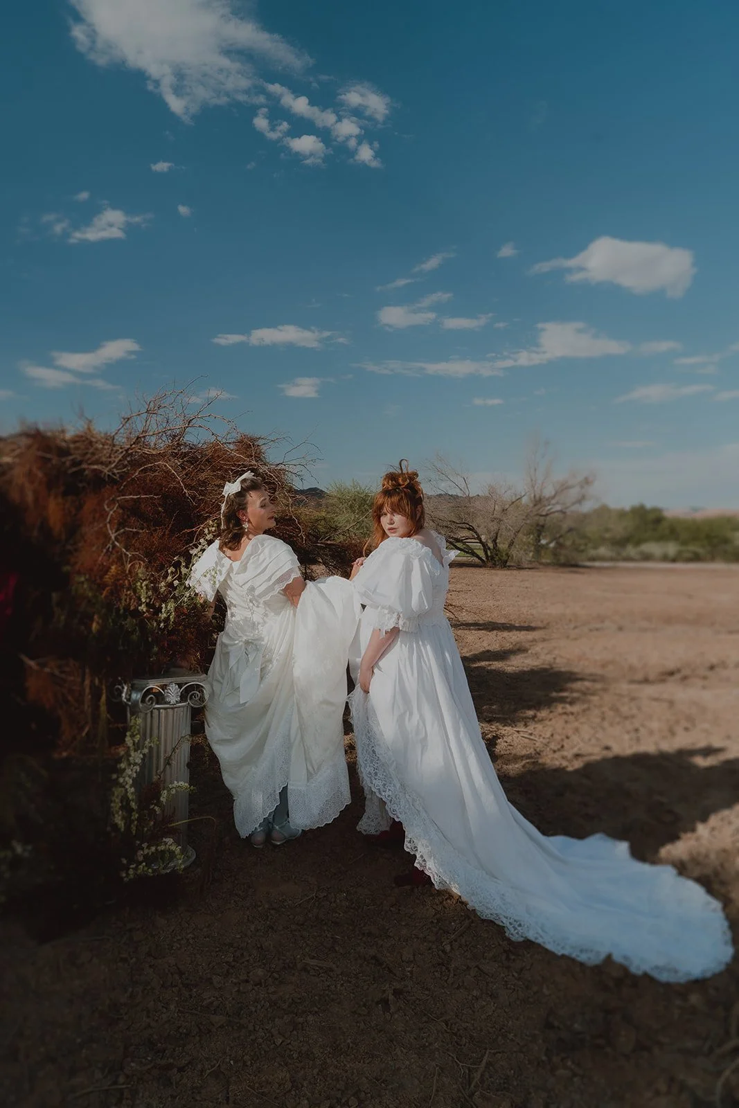 Brides posing in the desert in Las Vegas wearing Glass Canary Vintage dresses.