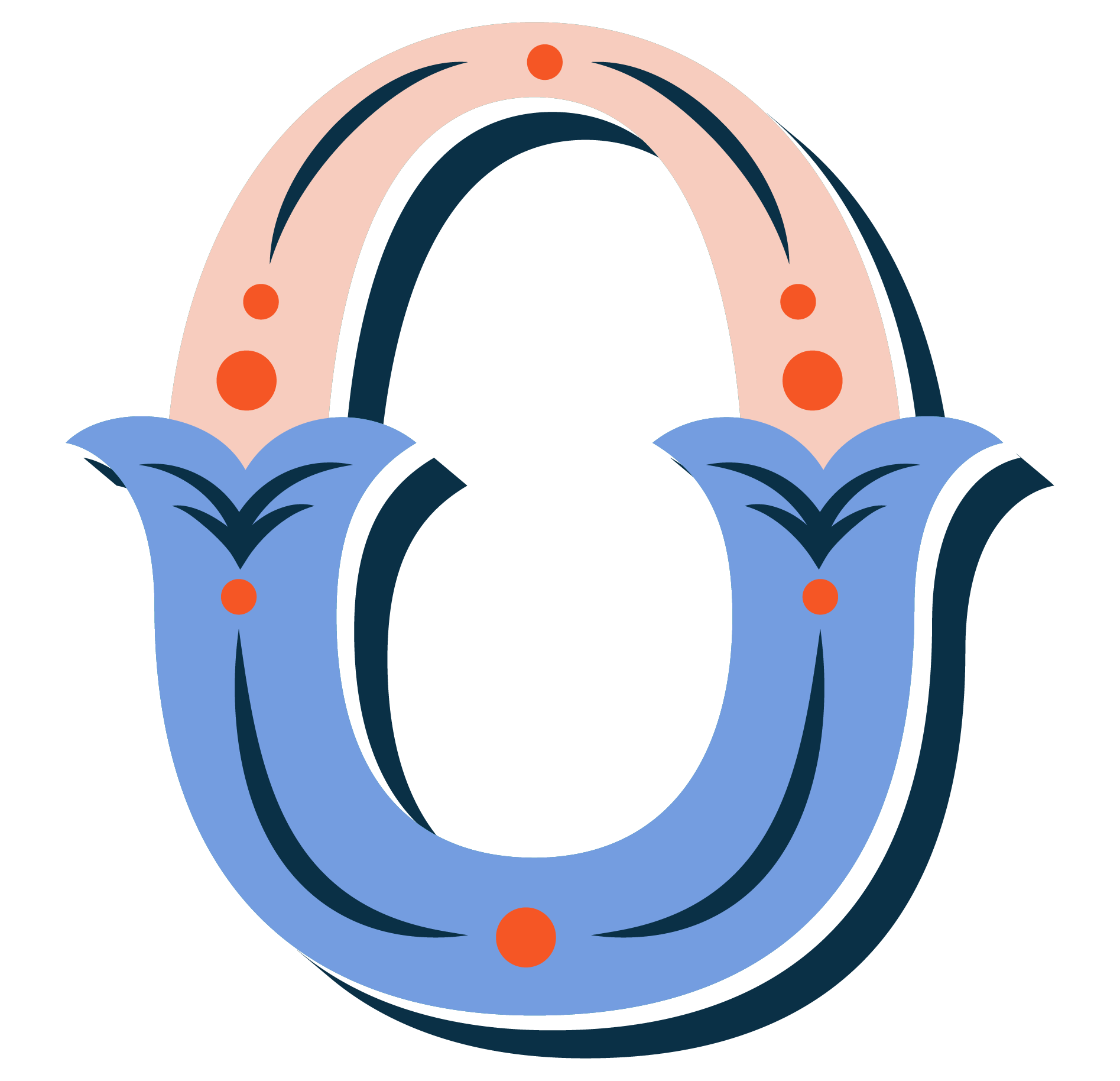 Vector illustrated Victorian style  letter 'O' with blue and peach-colored, with red and navy highlights.  Created by Minneapolis type designer Michelle Webster.