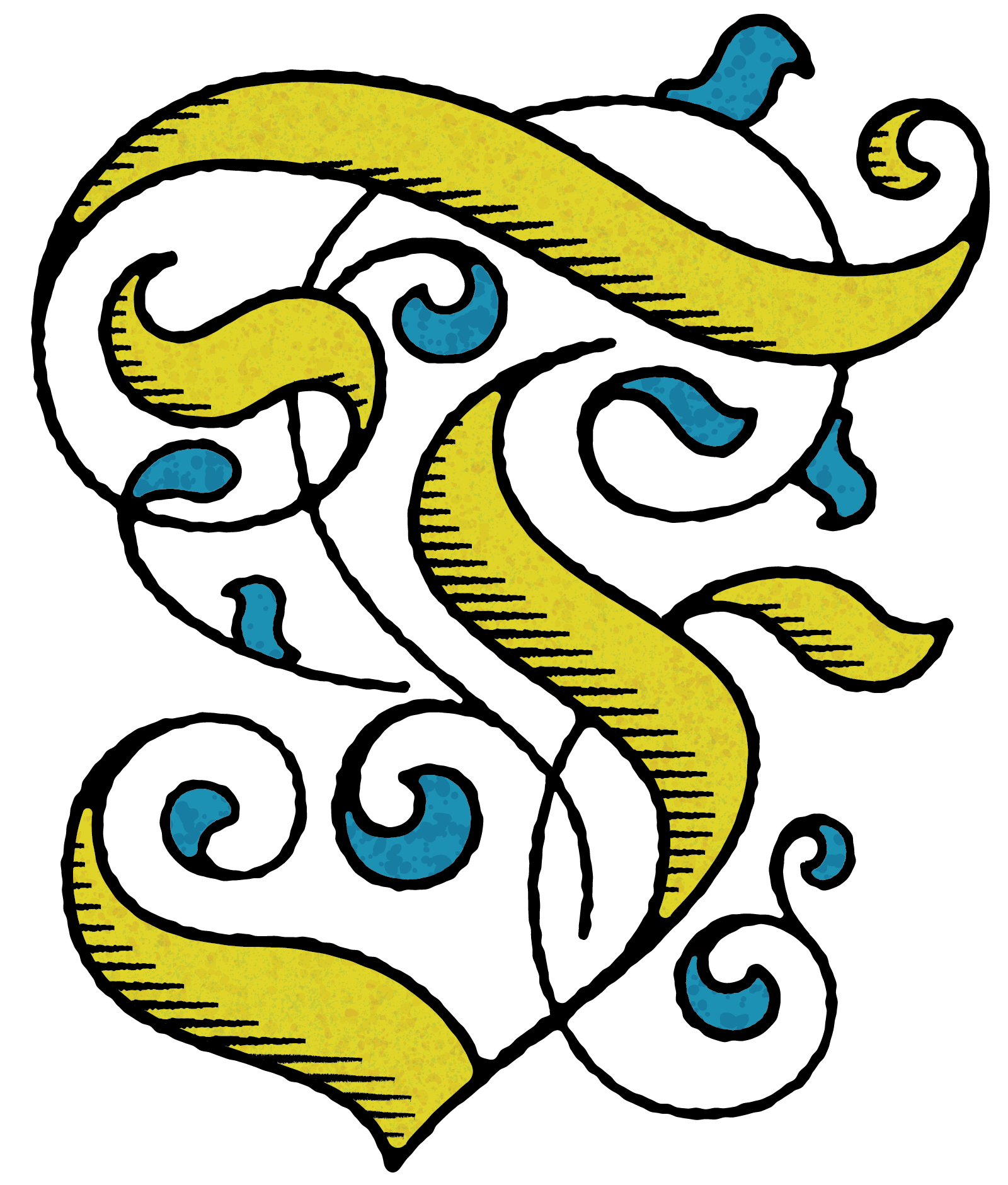 Vector illustrated blackletter F in yellow and and blue leaves with heavy black outlines. Created by Minneapolis type designer Michelle Webster.