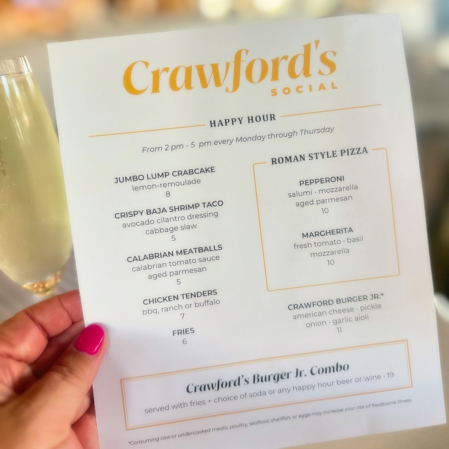 Tried out @crawfordssocial new happy hour menu yesterday!! Cold prosecco, a shrimp taco, a crabcake and some chicken tenders hit the spot!! Don&rsquo;t sleep on this deliciousness offered M - Th, 2pm - 5pm. 🩷

#conejovalleyspotlight #conejovalleyres