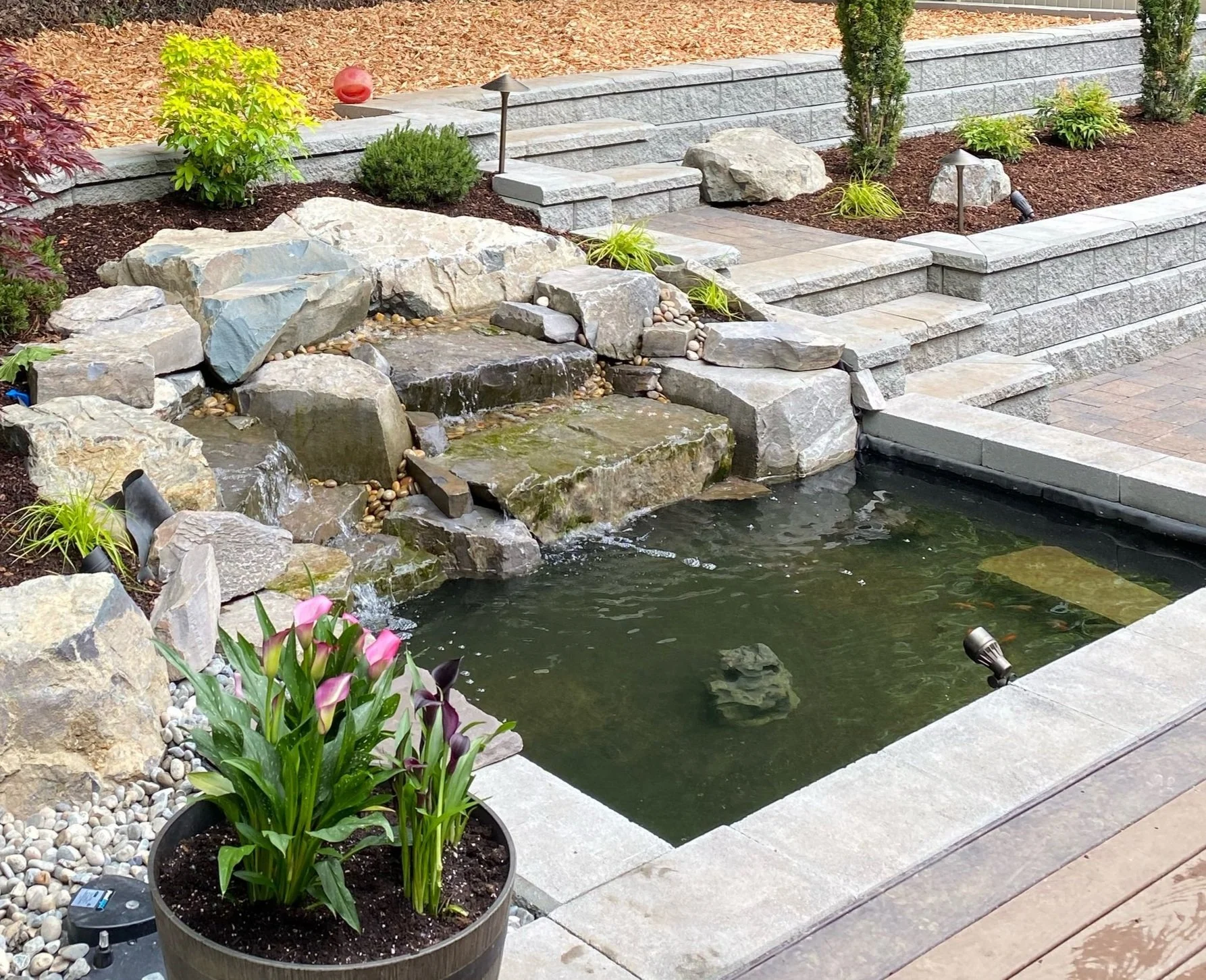 Bellevue water feature with stone hardscaping and planting beds 